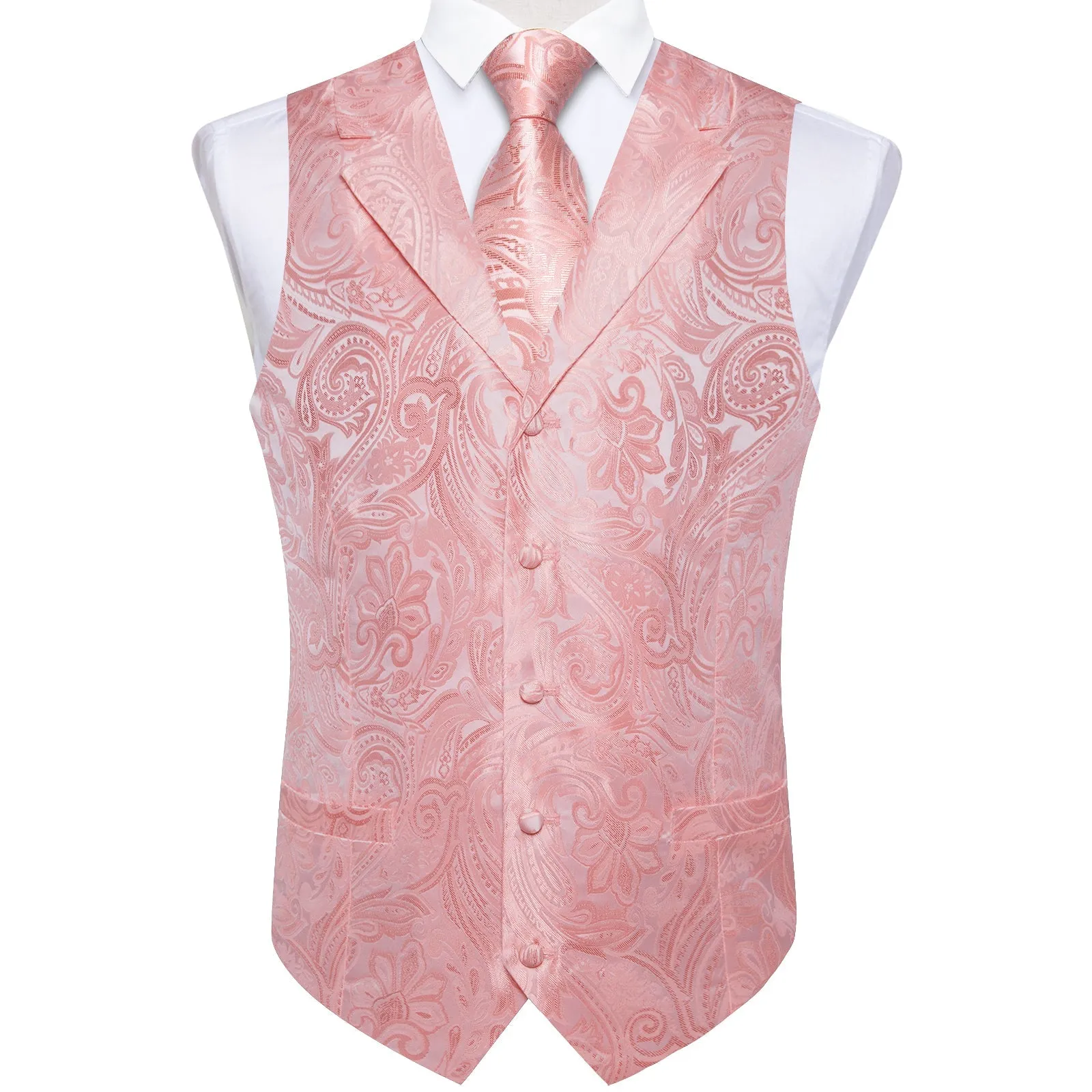 Ties2you Men's Rose Pink Paisley Vest Collar Suit Waistcoat Tie Hanky Cufflinks Set Wedding sold by Ties2You product image thumbnail 2