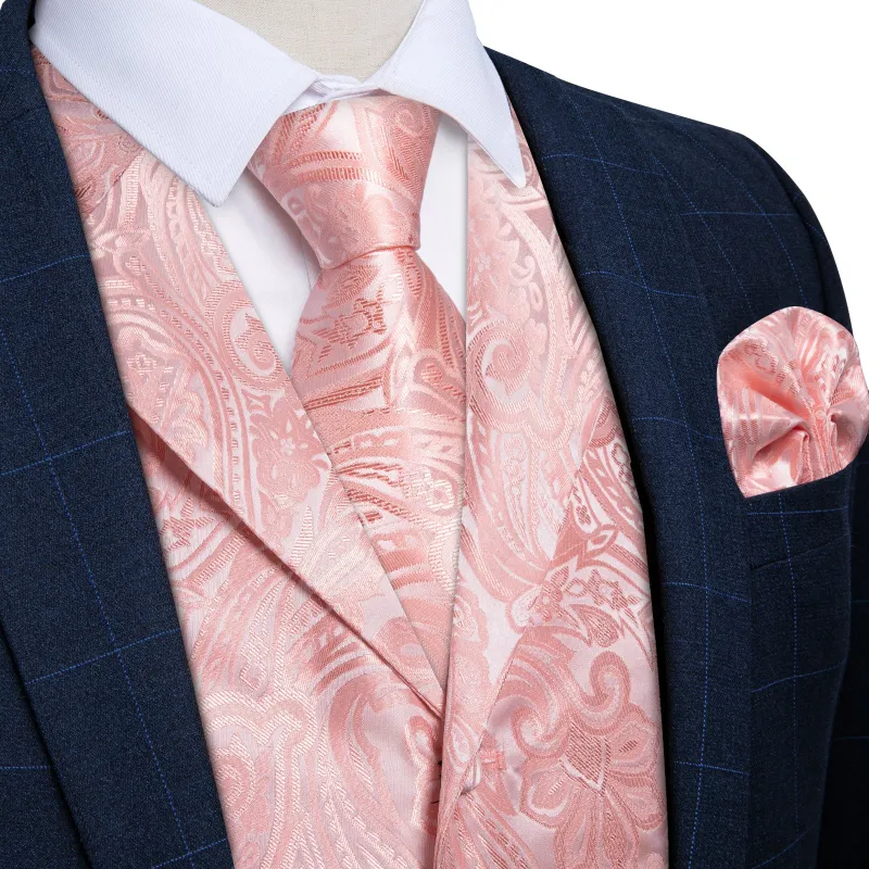 Ties2you Men's Rose Pink Paisley Vest Collar Suit Waistcoat Tie Hanky Cufflinks Set Wedding made by Ties2You