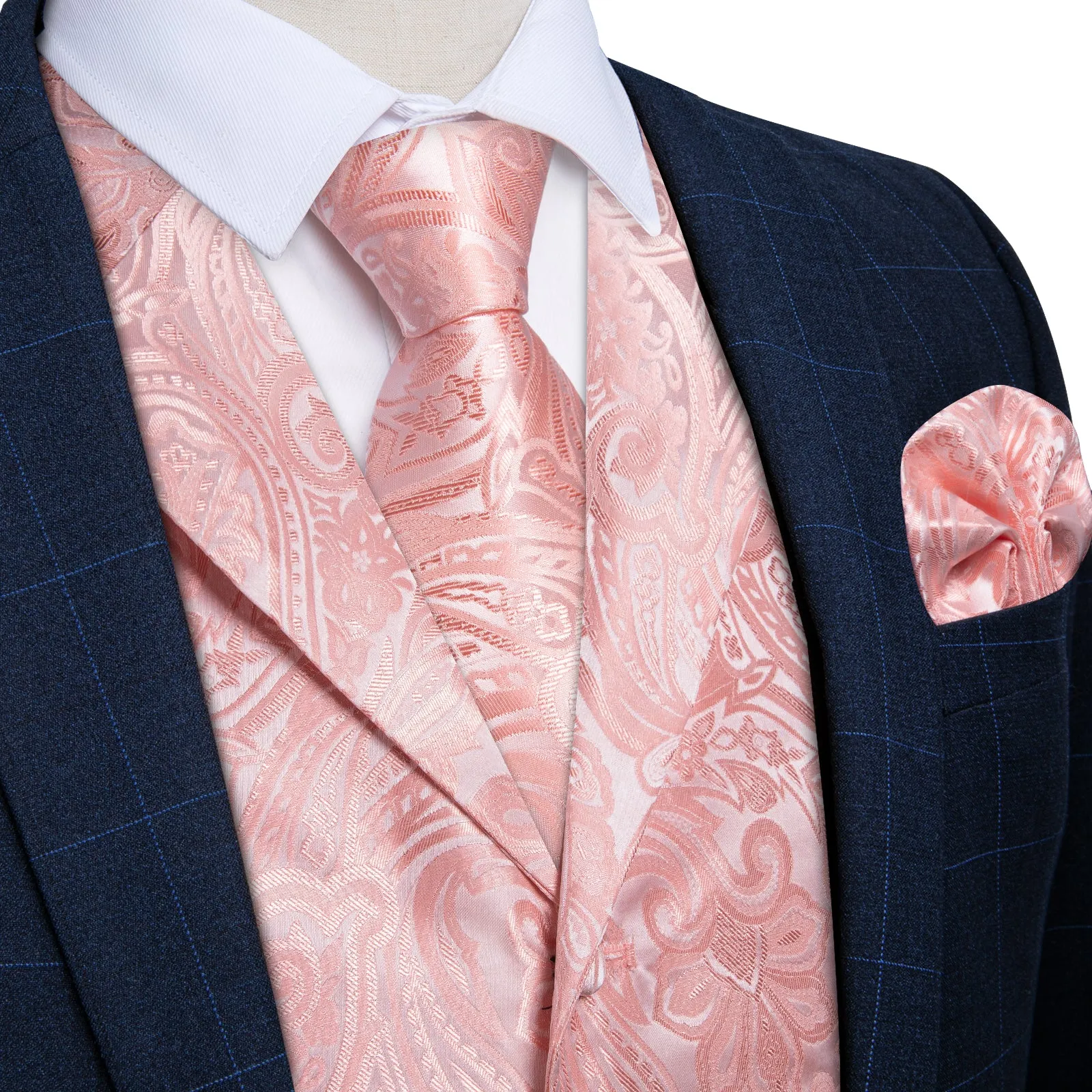 Ties2you Men's Rose Pink Paisley Vest Collar Suit Waistcoat Tie Hanky Cufflinks Set Wedding sold by Ties2You