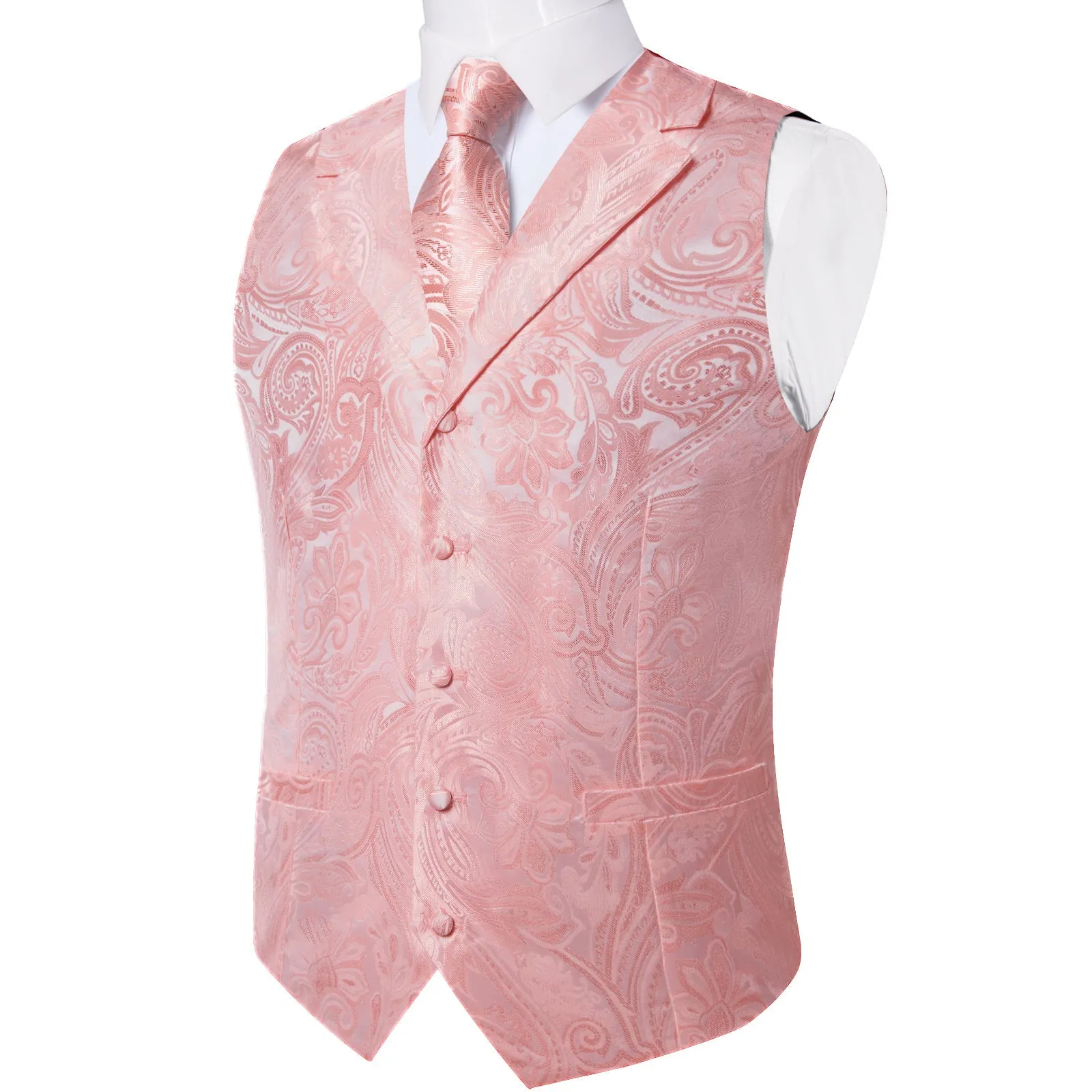 Ties2you Men's Rose Pink Paisley Vest Collar Suit Waistcoat Tie Hanky Cufflinks Set Wedding sold by Ties2You product image thumbnail 3
