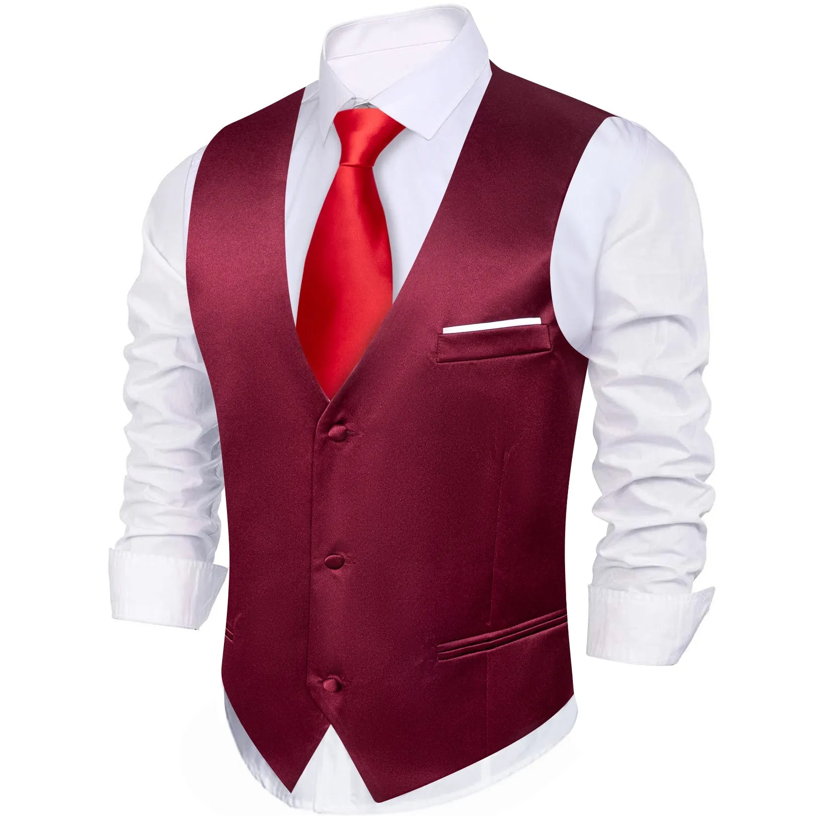Burgundy Red Solid Satin Silk Men's V-Neck Business Vest sold by Ties2You product image thumbnail 4
