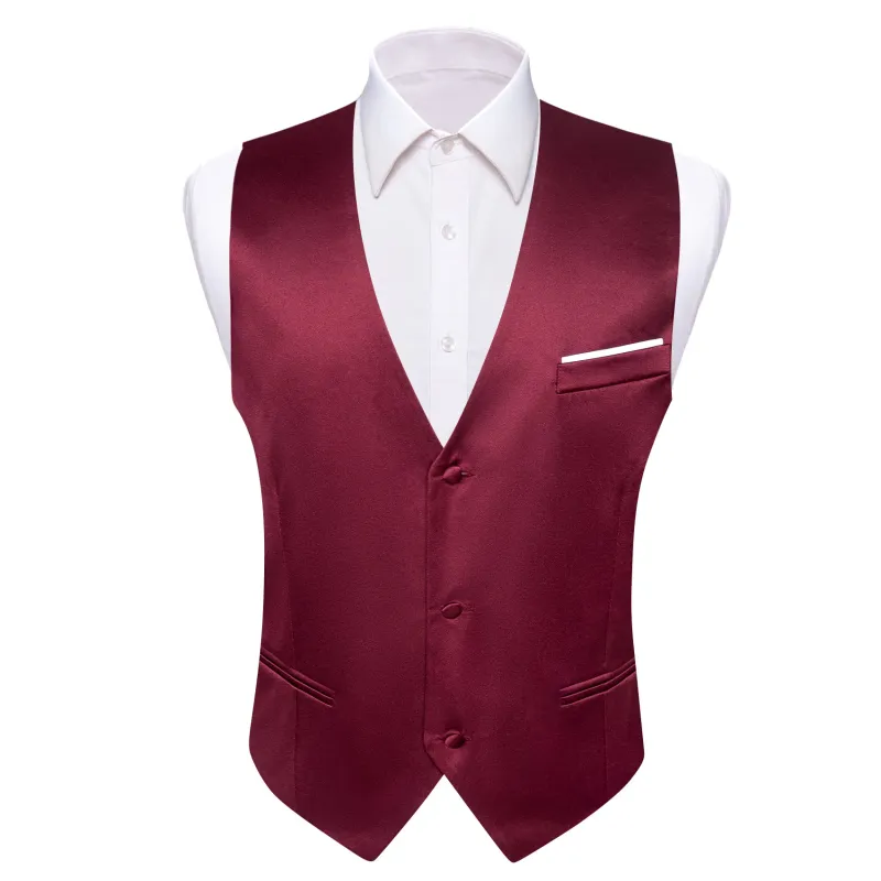 Burgundy Red Solid Satin Silk Men's V-Neck Business Vest made by Ties2You