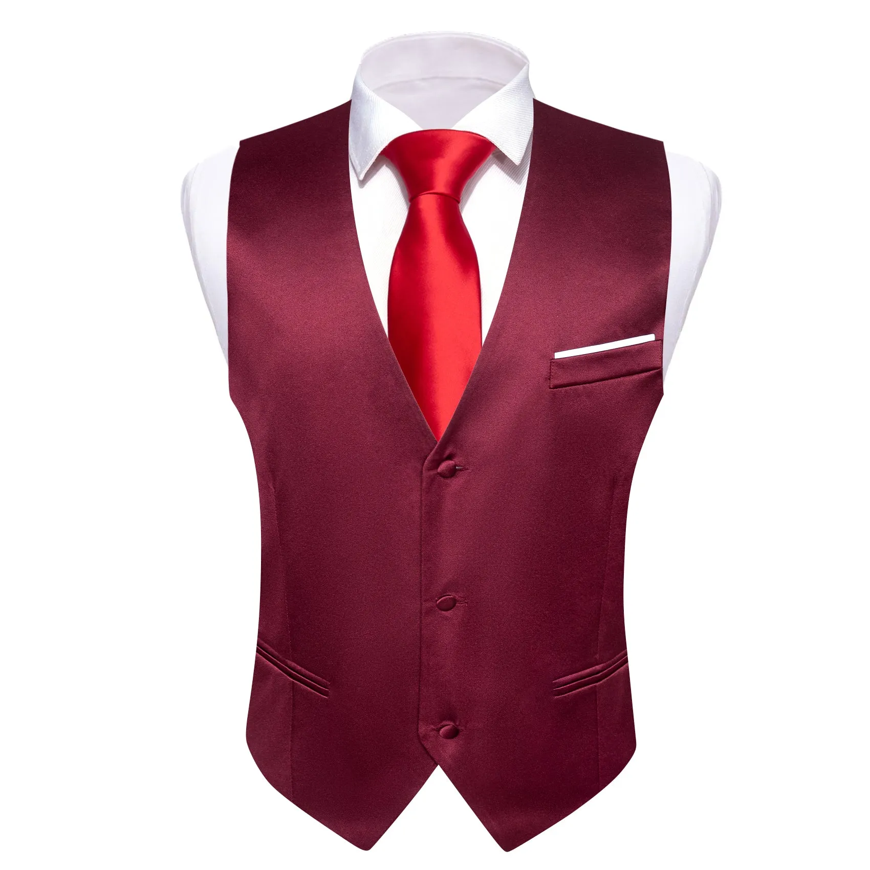 Burgundy Red Solid Satin Silk Men's V-Neck Business Vest sold by Ties2You product image thumbnail 3