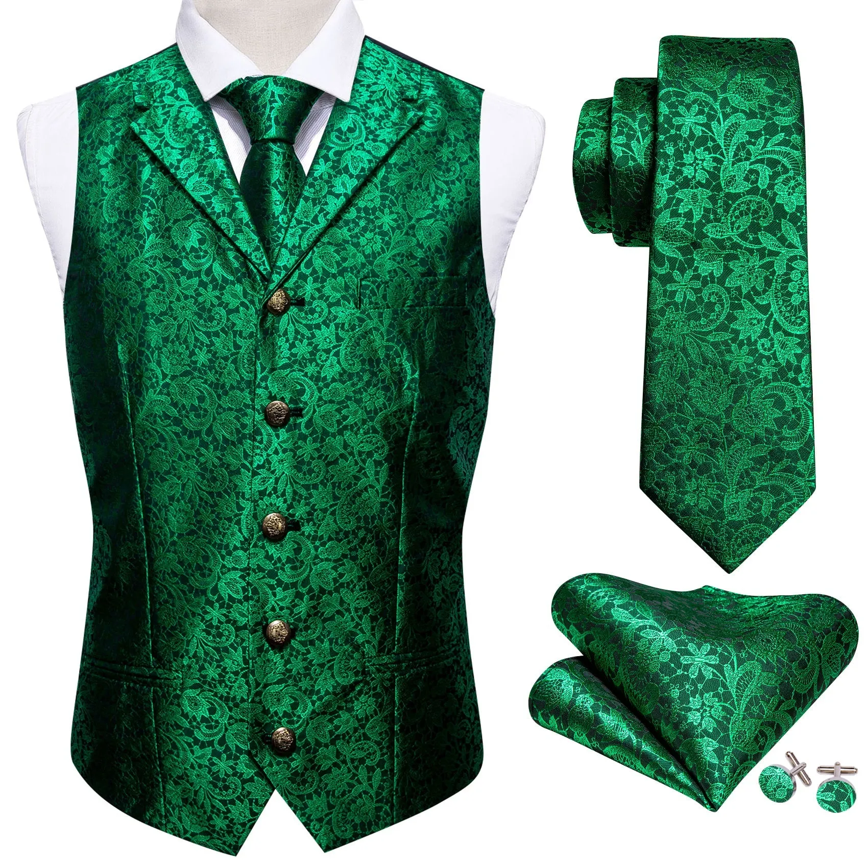 Green Paisley Metal Button Jacquard Silk Men's Vest Hanky Cufflinks Tie Set sold by Ties2You product image thumbnail 5