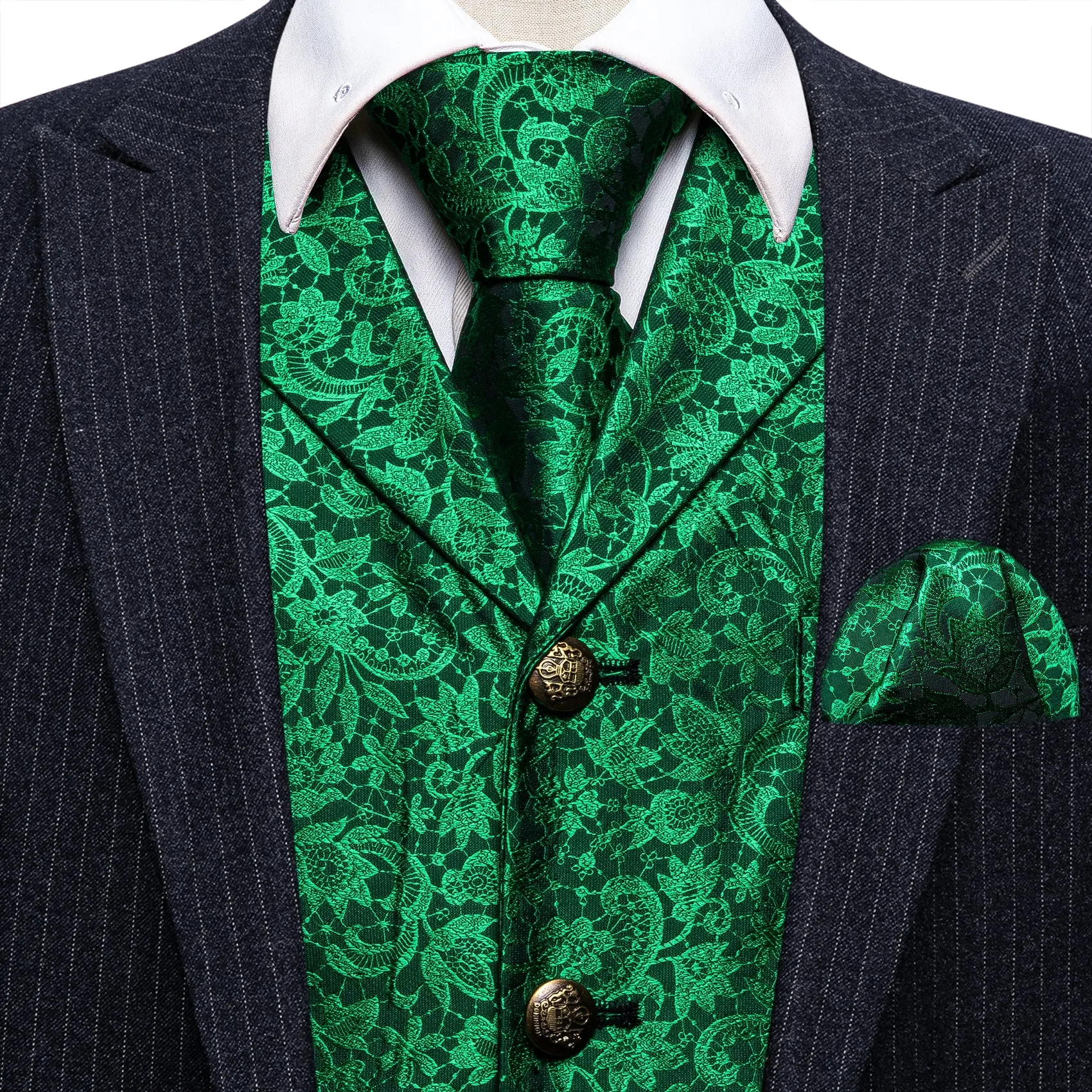 Green Paisley Metal Button Jacquard Silk Men's Vest Hanky Cufflinks Tie Set sold by Ties2You product image thumbnail 3