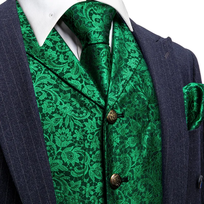 Green Paisley Metal Button Jacquard Silk Men's Vest Hanky Cufflinks Tie Set made by Ties2You
