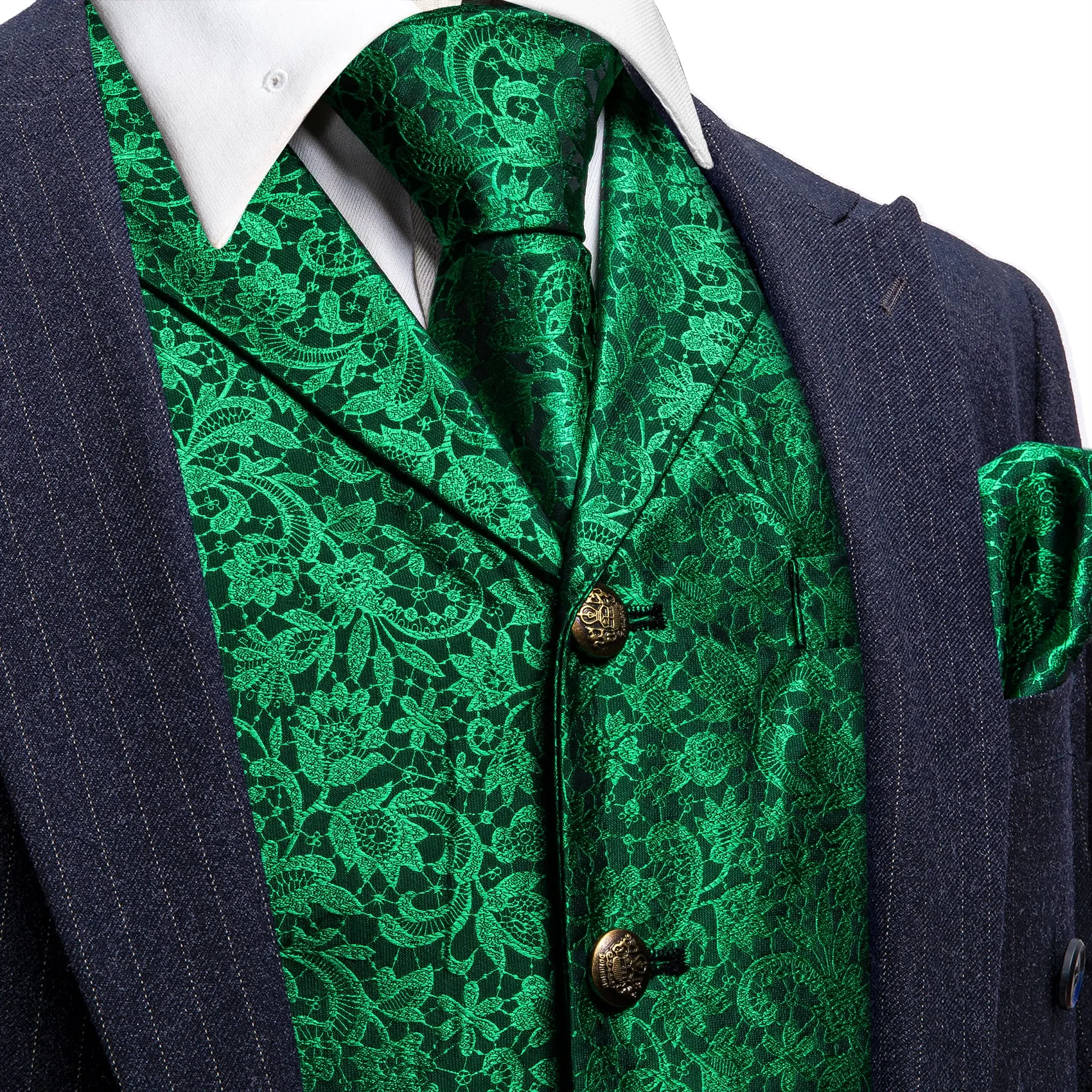 Green Paisley Metal Button Jacquard Silk Men's Vest Hanky Cufflinks Tie Set sold by Ties2You