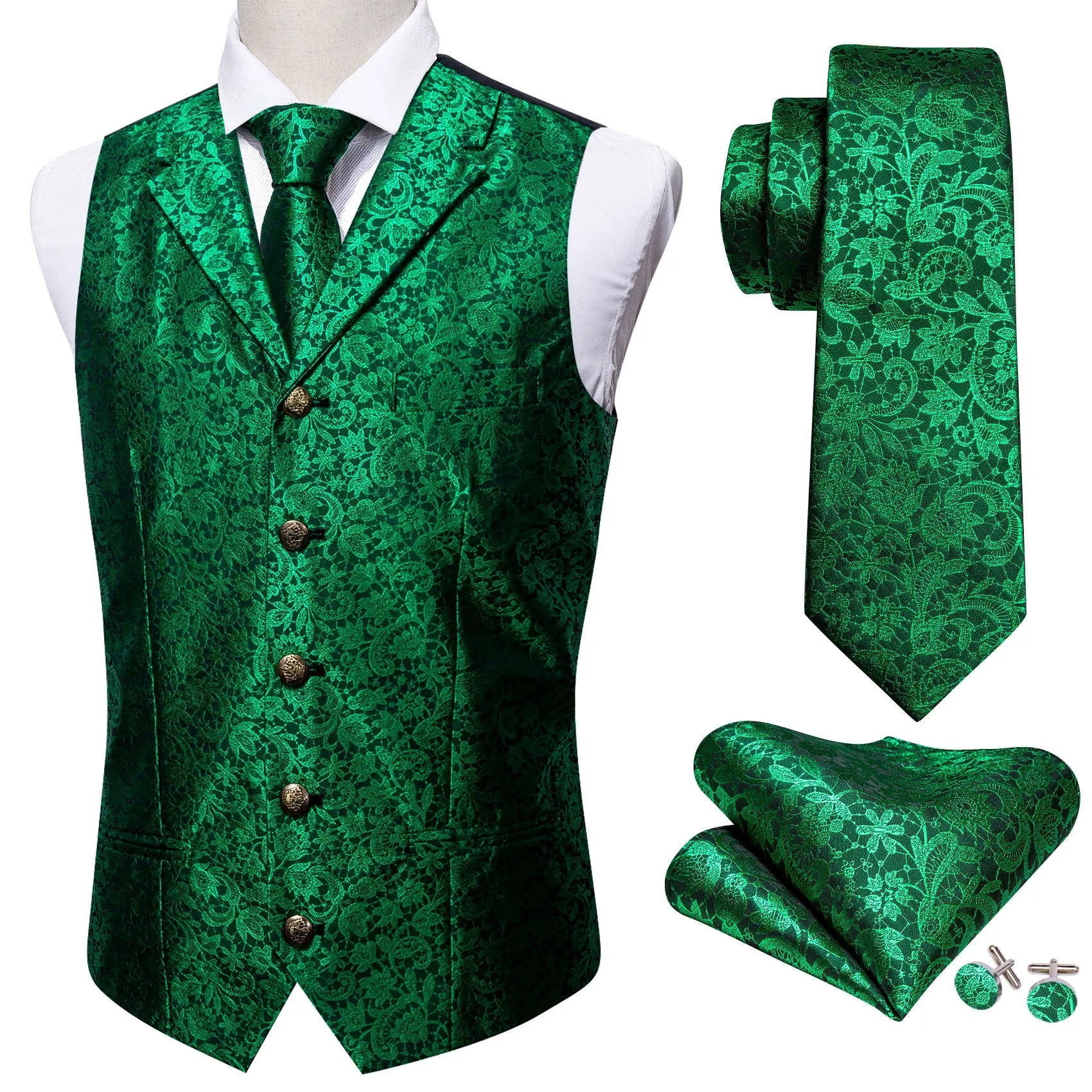 Green Paisley Metal Button Jacquard Silk Men's Vest Hanky Cufflinks Tie Set sold by Ties2You product image thumbnail 2