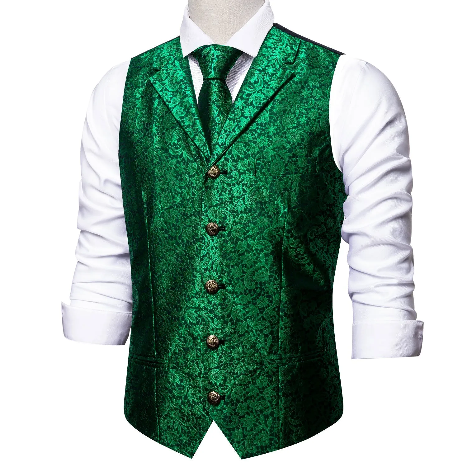 Green Paisley Metal Button Jacquard Silk Men's Vest Hanky Cufflinks Tie Set sold by Ties2You product image thumbnail 4