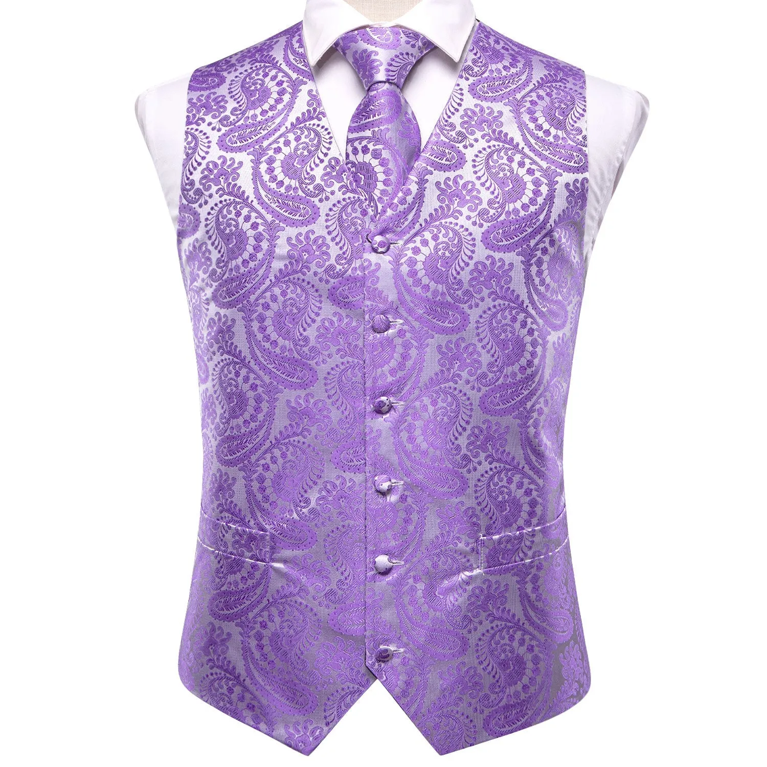 Silver Purple Paisley Jacquard Silk Men's Vest Hanky Cufflinks Tie Set sold by Ties2You product image thumbnail 2