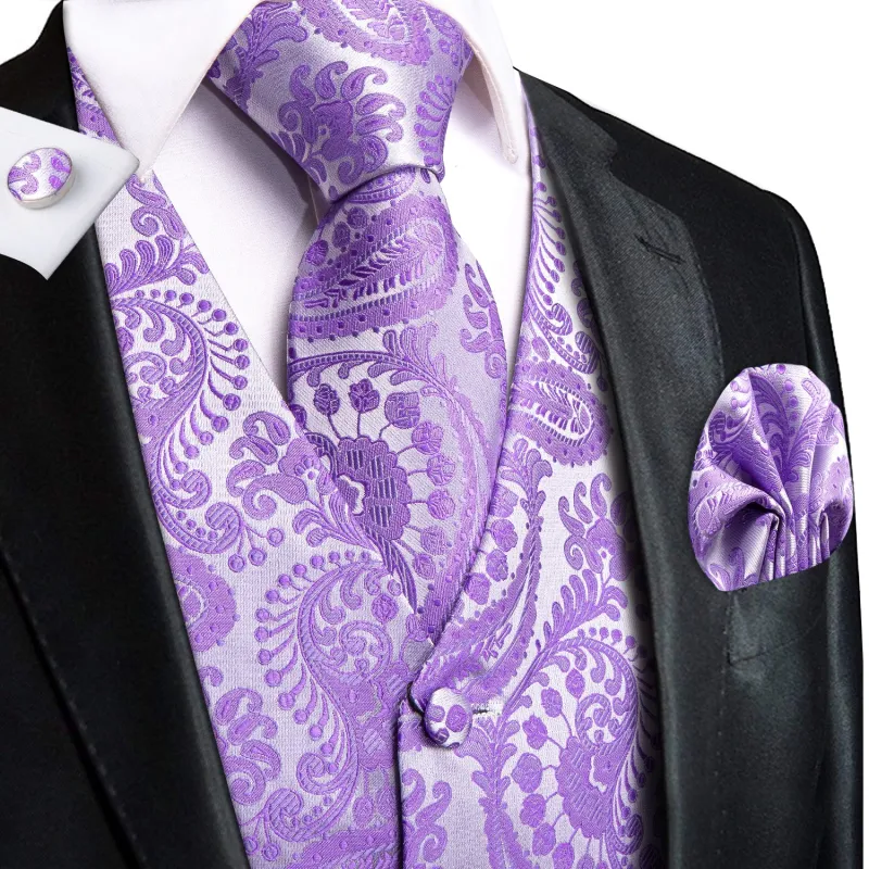 Silver Purple Paisley Jacquard Silk Men's Vest Hanky Cufflinks Tie Set made by Ties2You