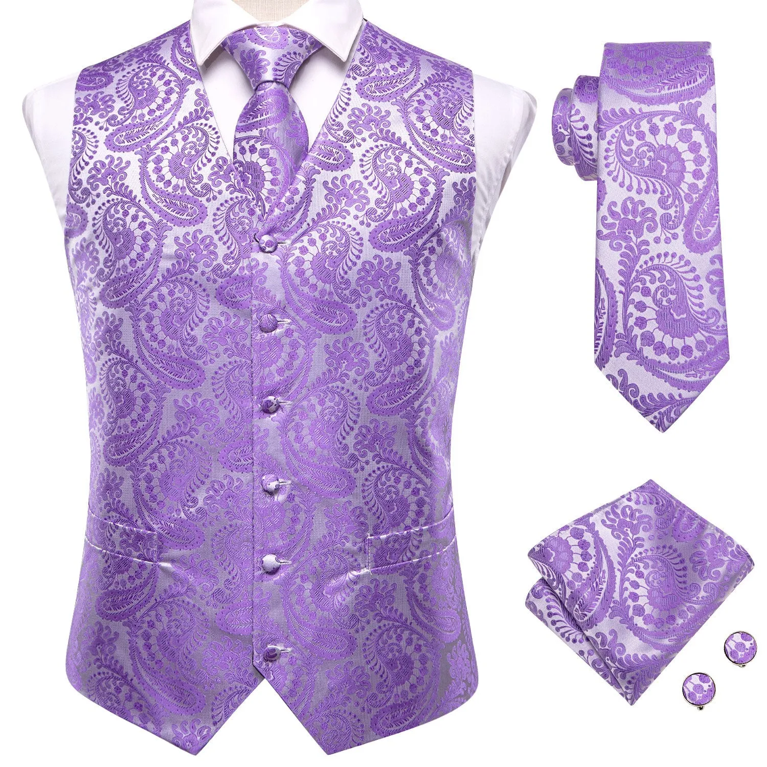 Silver Purple Paisley Jacquard Silk Men's Vest Hanky Cufflinks Tie Set sold by Ties2You product image thumbnail 5