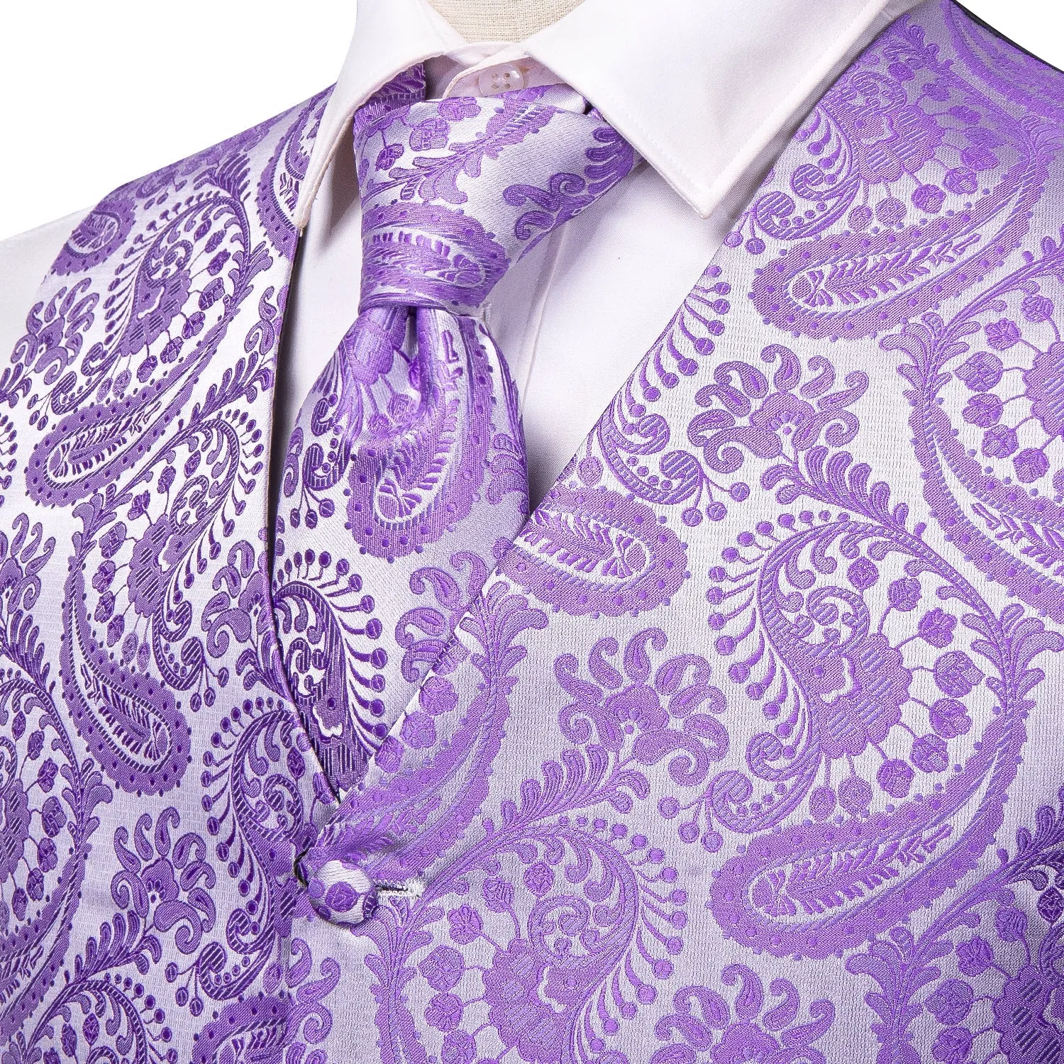 Silver Purple Paisley Jacquard Silk Men's Vest Hanky Cufflinks Tie Set sold by Ties2You product image thumbnail 3