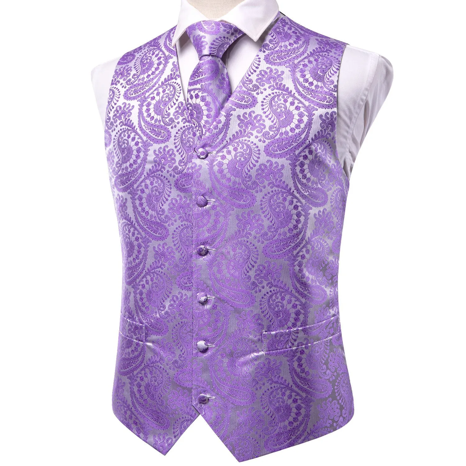 Silver Purple Paisley Jacquard Silk Men's Vest Hanky Cufflinks Tie Set sold by Ties2You product image thumbnail 4