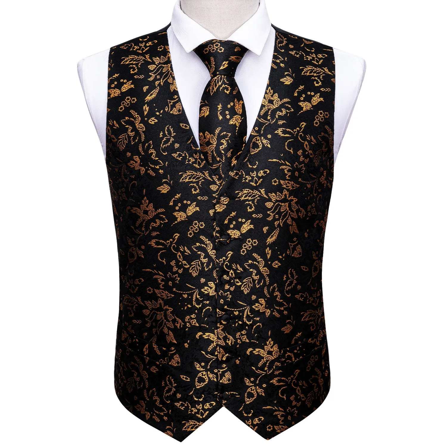 Black Yellow Floral Jacquard Silk Men's Vest Hanky Cufflinks Tie Set sold by Ties2You product image thumbnail 3