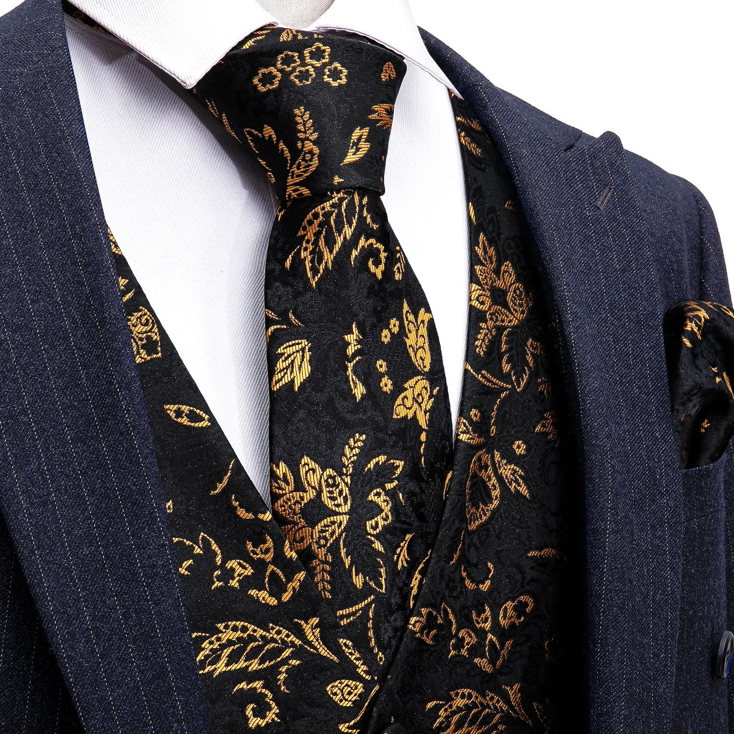 Black Yellow Floral Jacquard Silk Men's Vest Hanky Cufflinks Tie Set sold by Ties2You