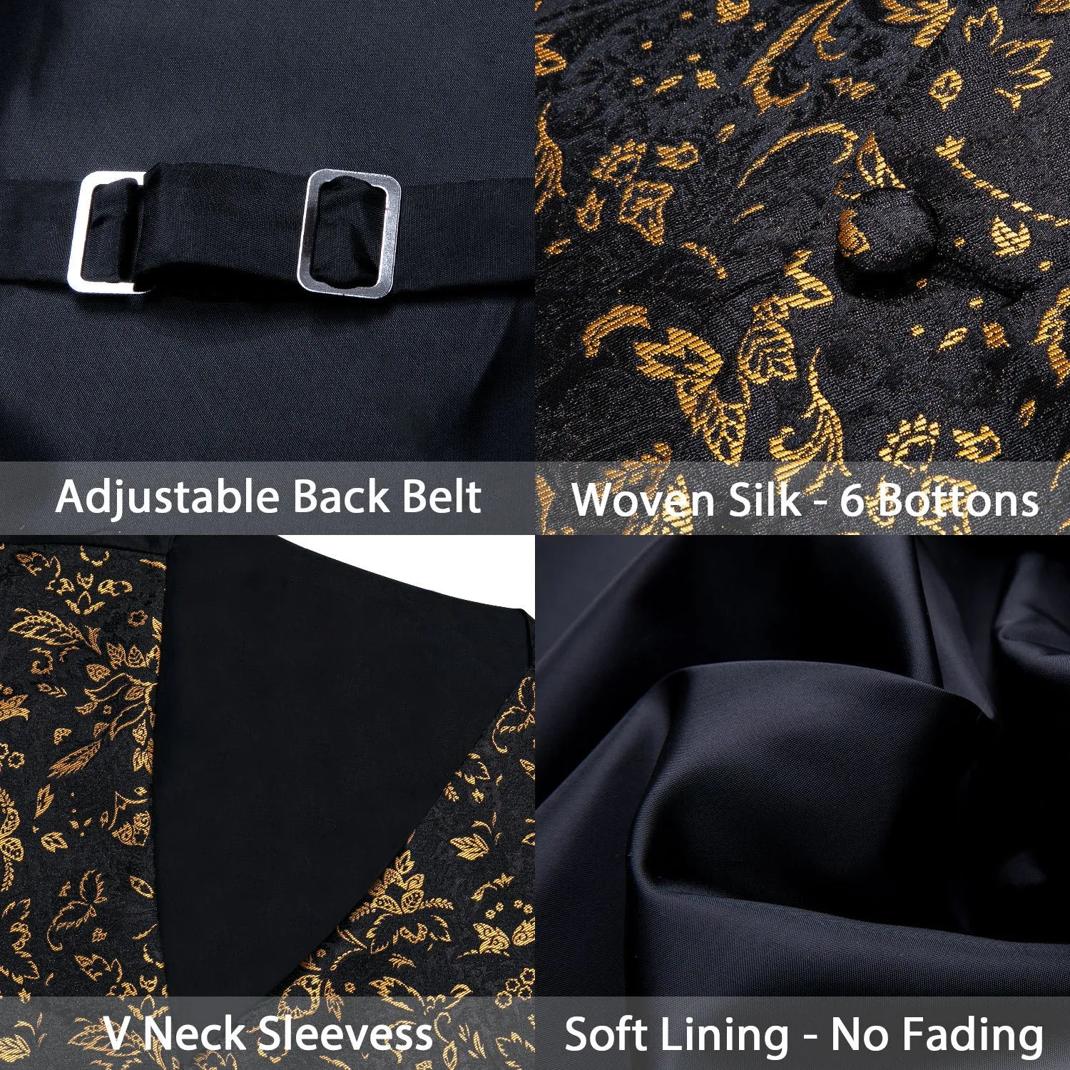 Black Yellow Floral Jacquard Silk Men's Vest Hanky Cufflinks Tie Set sold by Ties2You product image thumbnail 5
