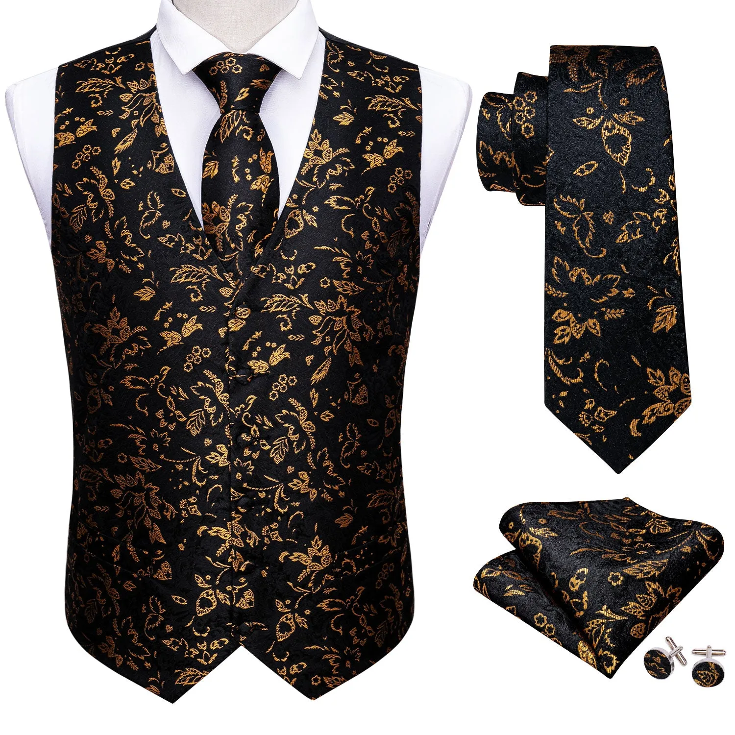 Black Yellow Floral Jacquard Silk Men's Vest Hanky Cufflinks Tie Set sold by Ties2You product image thumbnail 2