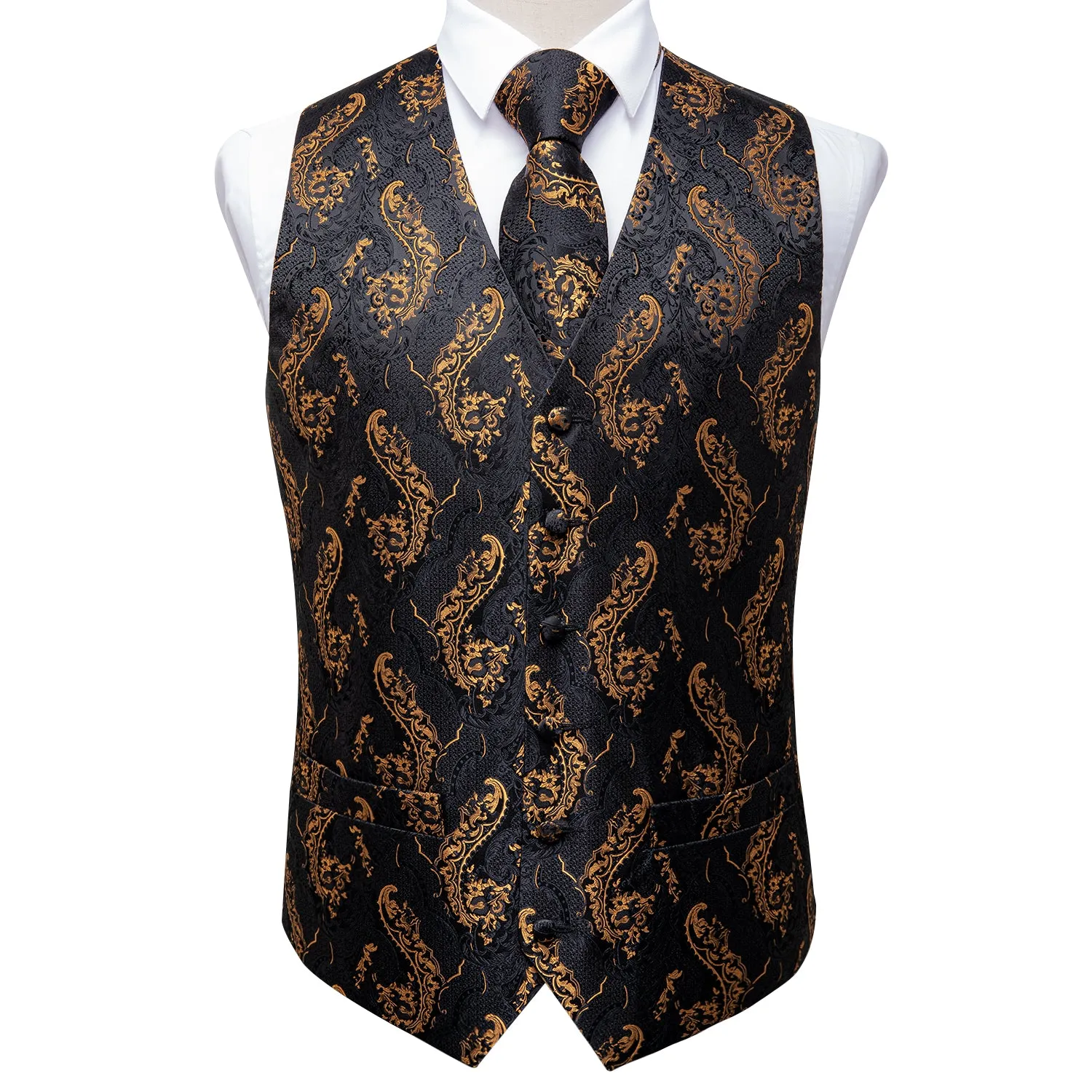 Ties2you Men's Golden Paisley Vest Silk Suit Waistcoat Hanky Cufflinks Pocket Square Set Formal sold by Ties2You product image thumbnail 3