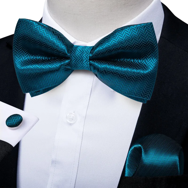 Ties2you Teal Blue Silk Bow Tie for Formal Mens Pre-tied Textured Bowtie Pocket Square Cufflinks Set made by Ties2You
