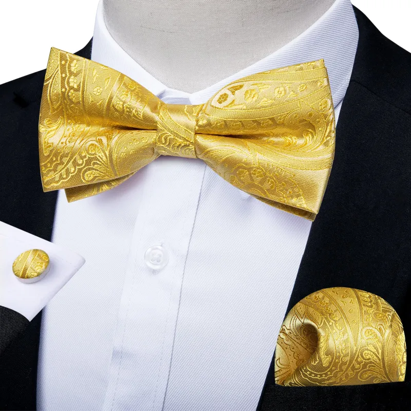 Ties2you Golden Paisley Tuxedo Bow Tie Mens Pre-tied Bowtie Pocket Square Cufflinks Set Wedding Party made by Ties2You