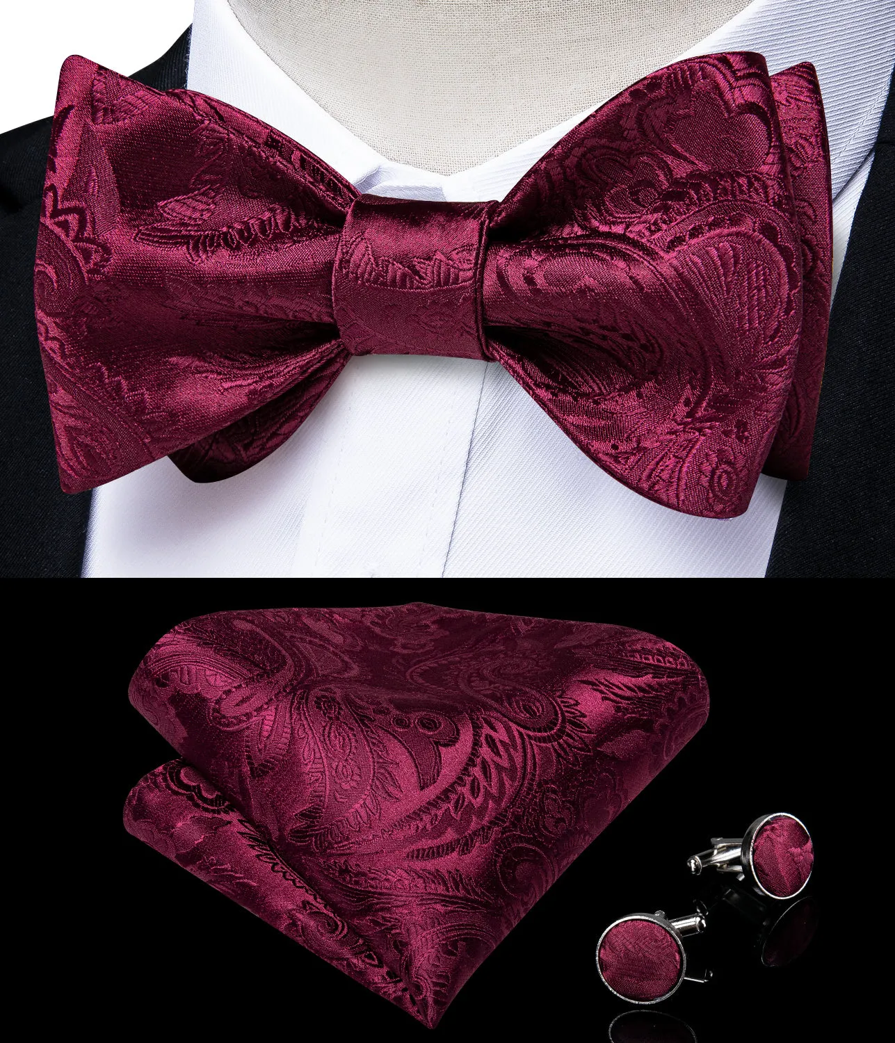 Ties2you Burgundy Paisley Bow Tie Self-tie Pocket Square Cufflinks Bowtie Set with Lapel Pin sold by Ties2You product image thumbnail 2