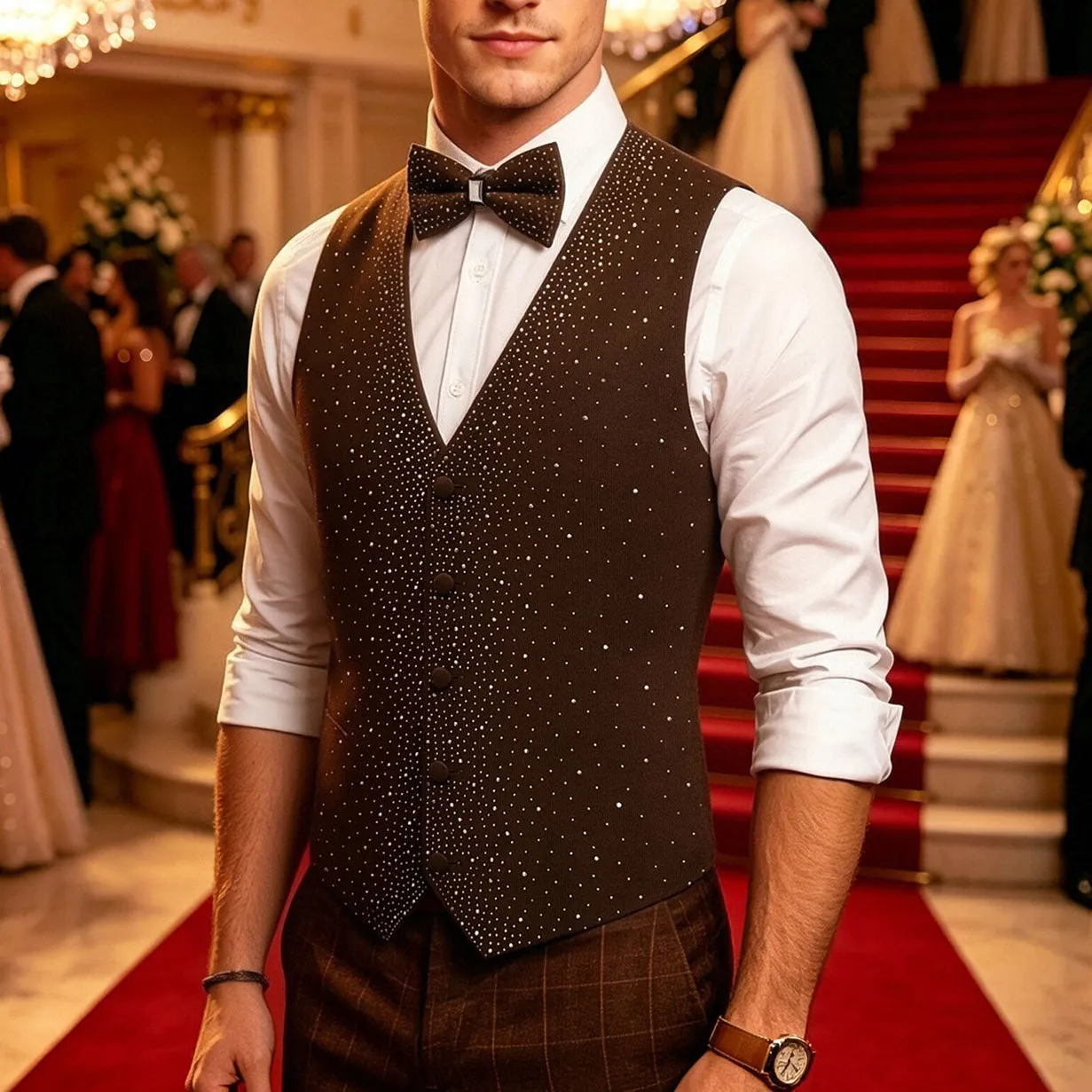 Ties2you Rhinestone Vest Bow Tie Set Brown Velvet V-Neck Party Waistcoat Wedding sold by Ties2You product image thumbnail 2