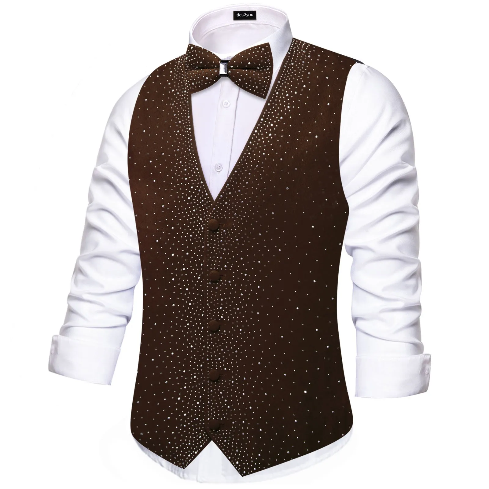 Ties2you Rhinestone Vest Bow Tie Set Brown Velvet V-Neck Party Waistcoat Wedding sold by Ties2You product image thumbnail 3