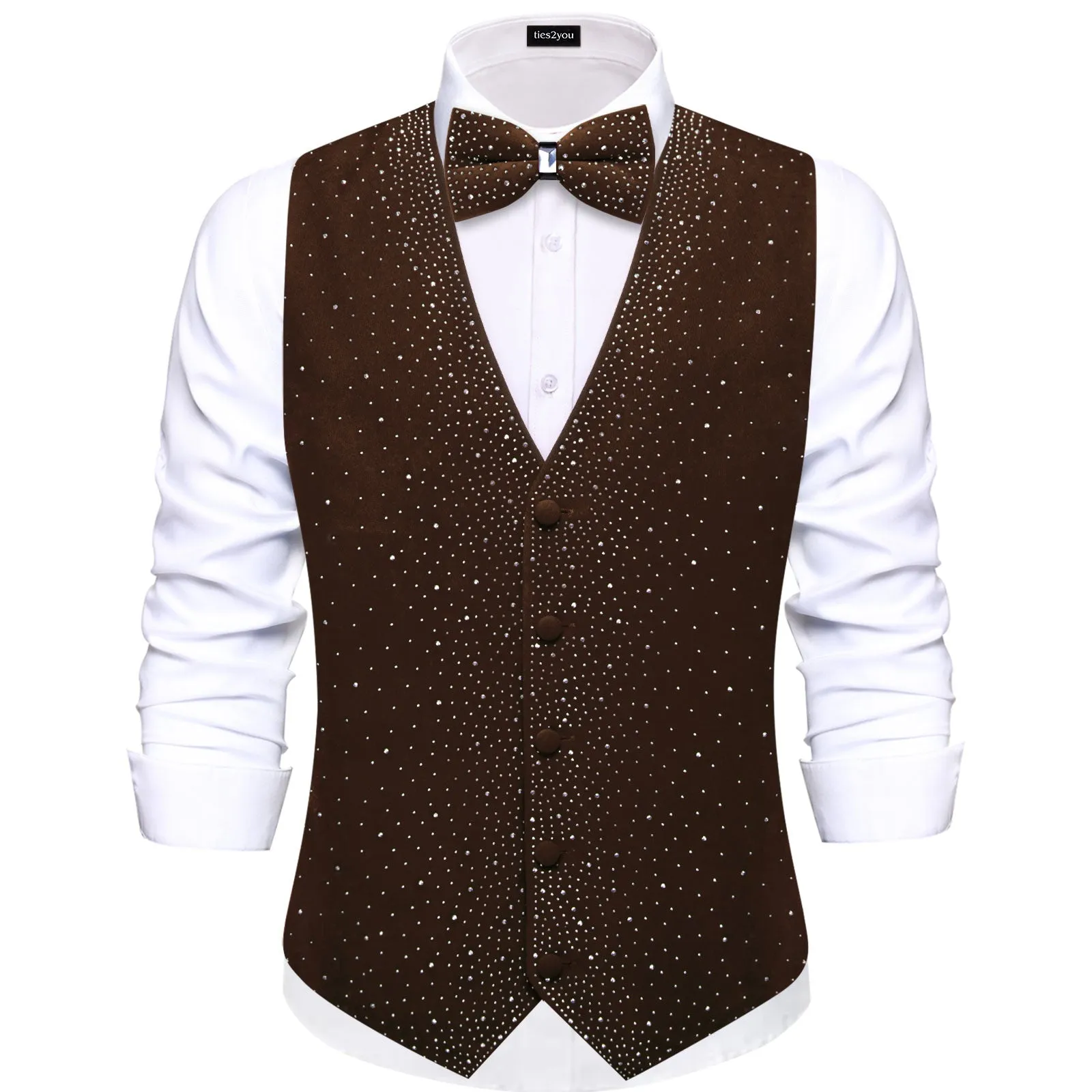 Ties2you Rhinestone Vest Bow Tie Set Brown Velvet V-Neck Party Waistcoat Wedding sold by Ties2You