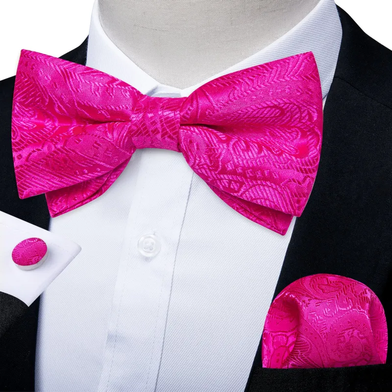 Ties2you Men's Hot Pink Paisley Bow Tie Pre-Tied Silk Jacquard Bowtie Hanky Cufflinks Set Wedding made by Ties2You