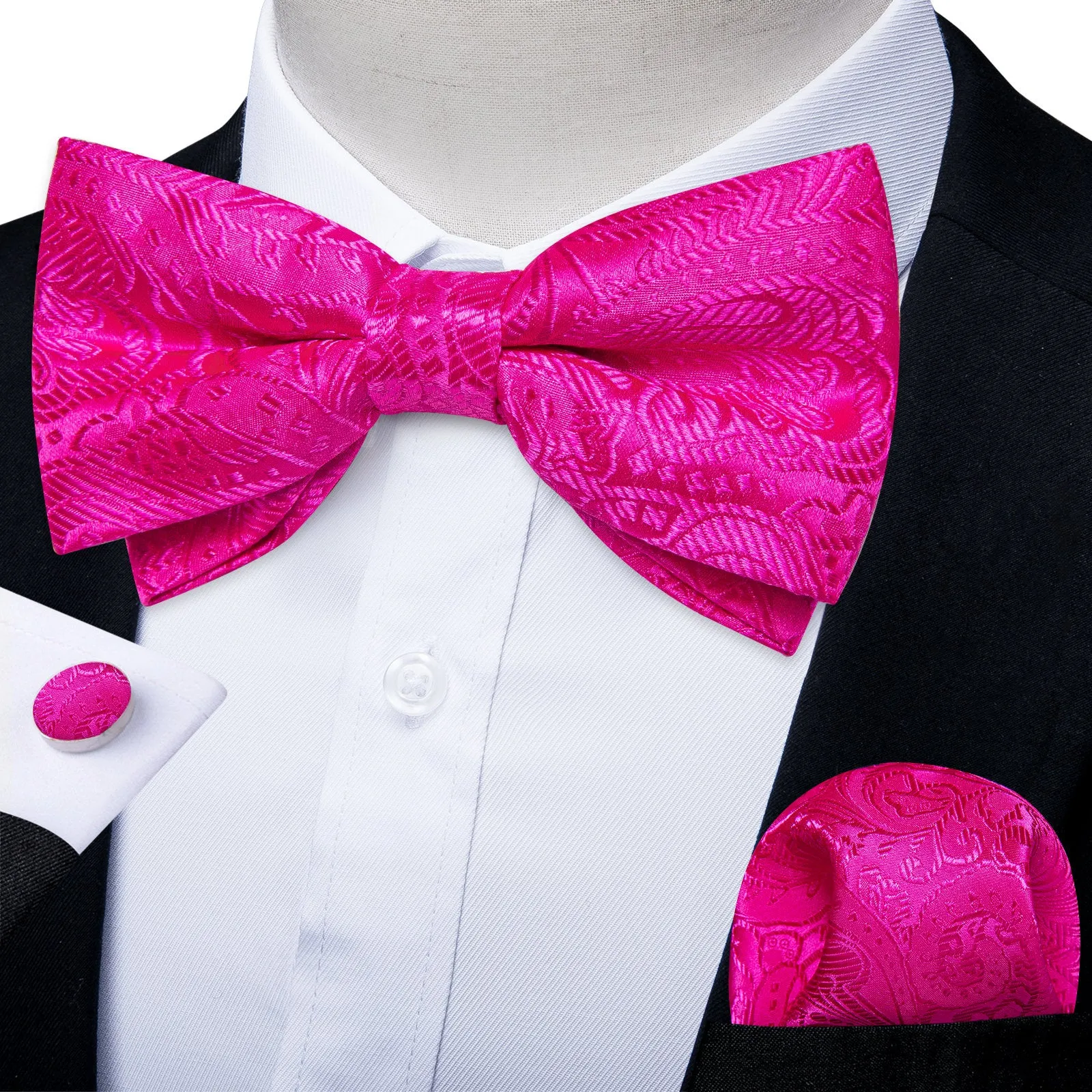 Ties2you Men's Hot Pink Paisley Bow Tie Pre-Tied Silk Jacquard Bowtie Hanky Cufflinks Set Wedding sold by Ties2You