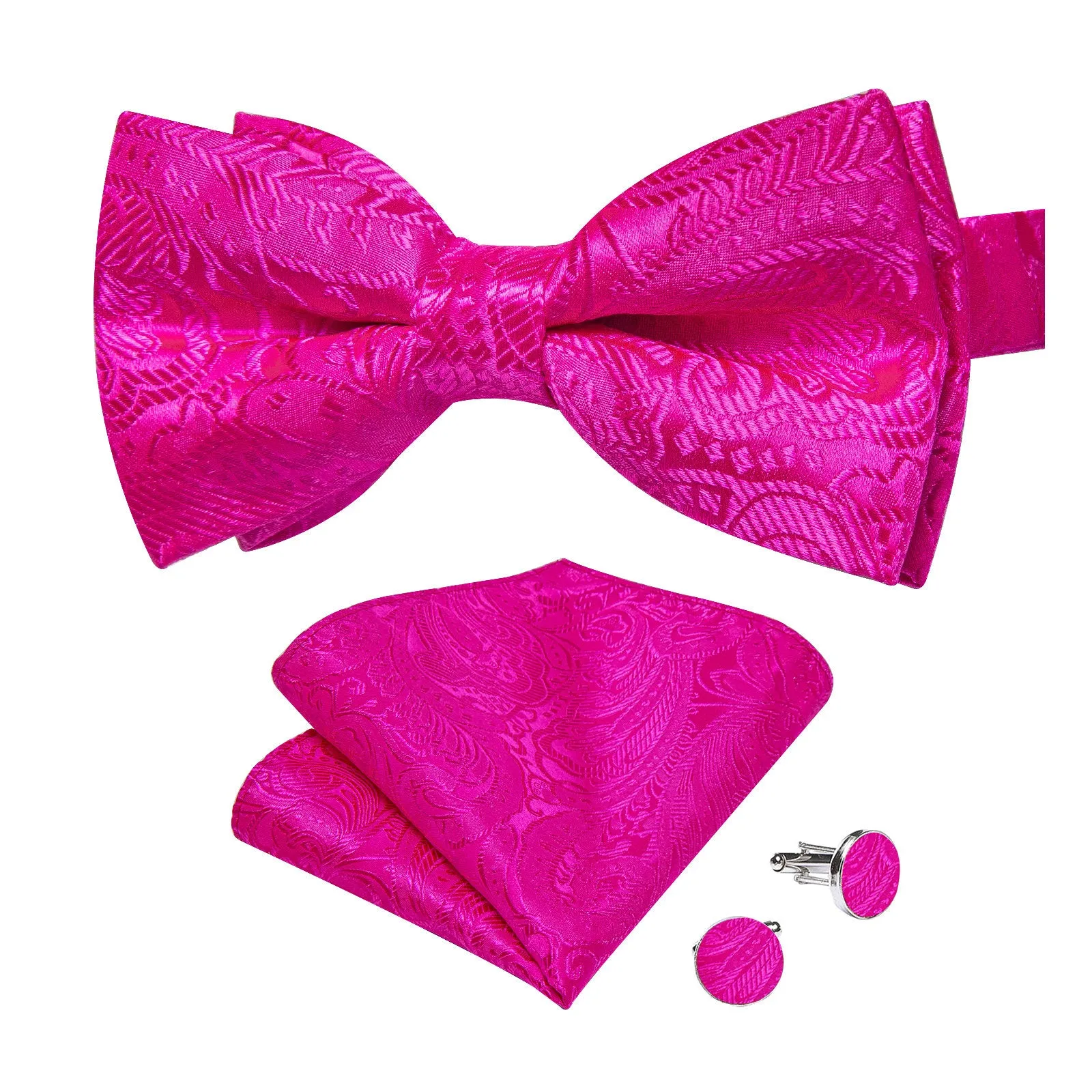 Ties2you Men's Hot Pink Paisley Bow Tie Pre-Tied Silk Jacquard Bowtie Hanky Cufflinks Set Wedding sold by Ties2You product image thumbnail 3