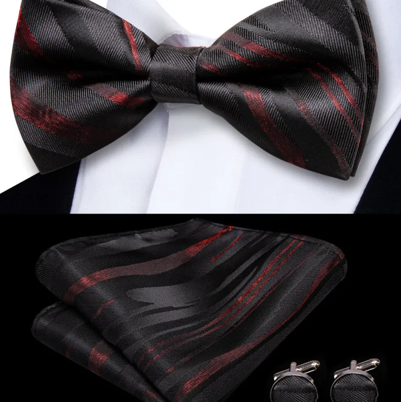 Ties2you Red Black Striped Bow Tie for Men Pre-tied Tuxedo Formal Bowtie Hanky Cufflinks Set made by Ties2You