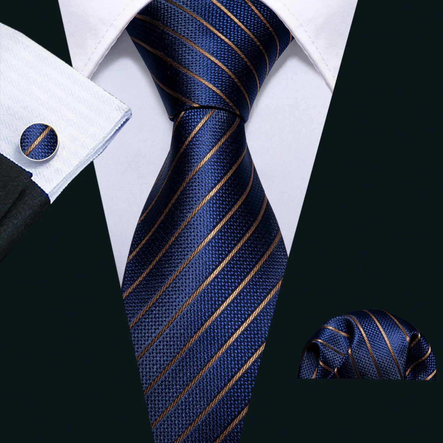 Ties2you Navy Blue Striped Tie Silk Men's Pinstripe Necktie Hanky Cufflinks Set Classic Formal sold by Ties2You
