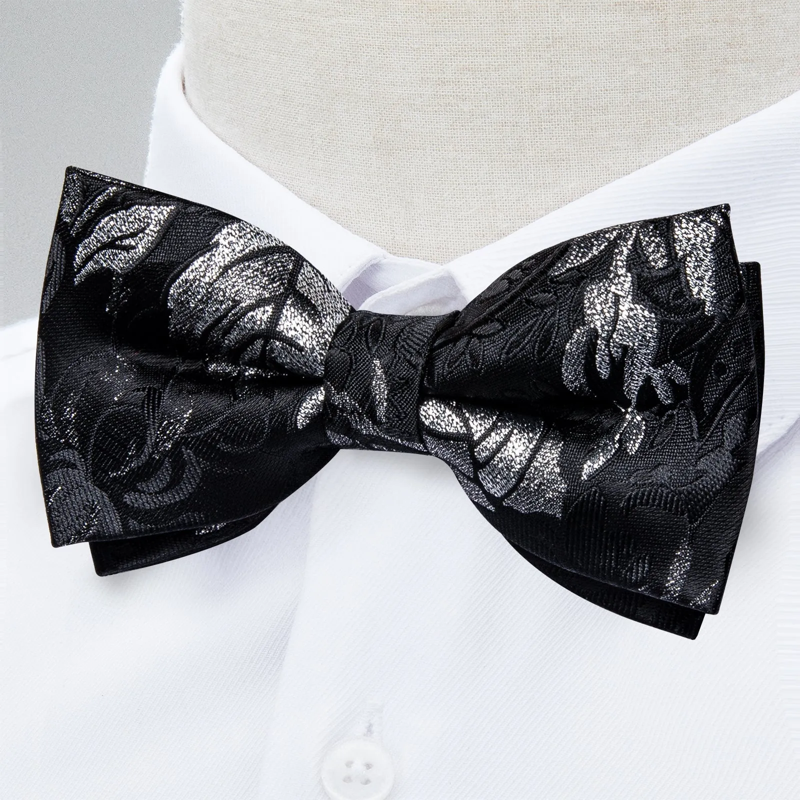 Ties2you Men's Grey Floral Pre-tied Bow Tie Wedding Silk Jacquard Hanky Cufflinks Bowtie Set sold by Ties2You product image thumbnail 4