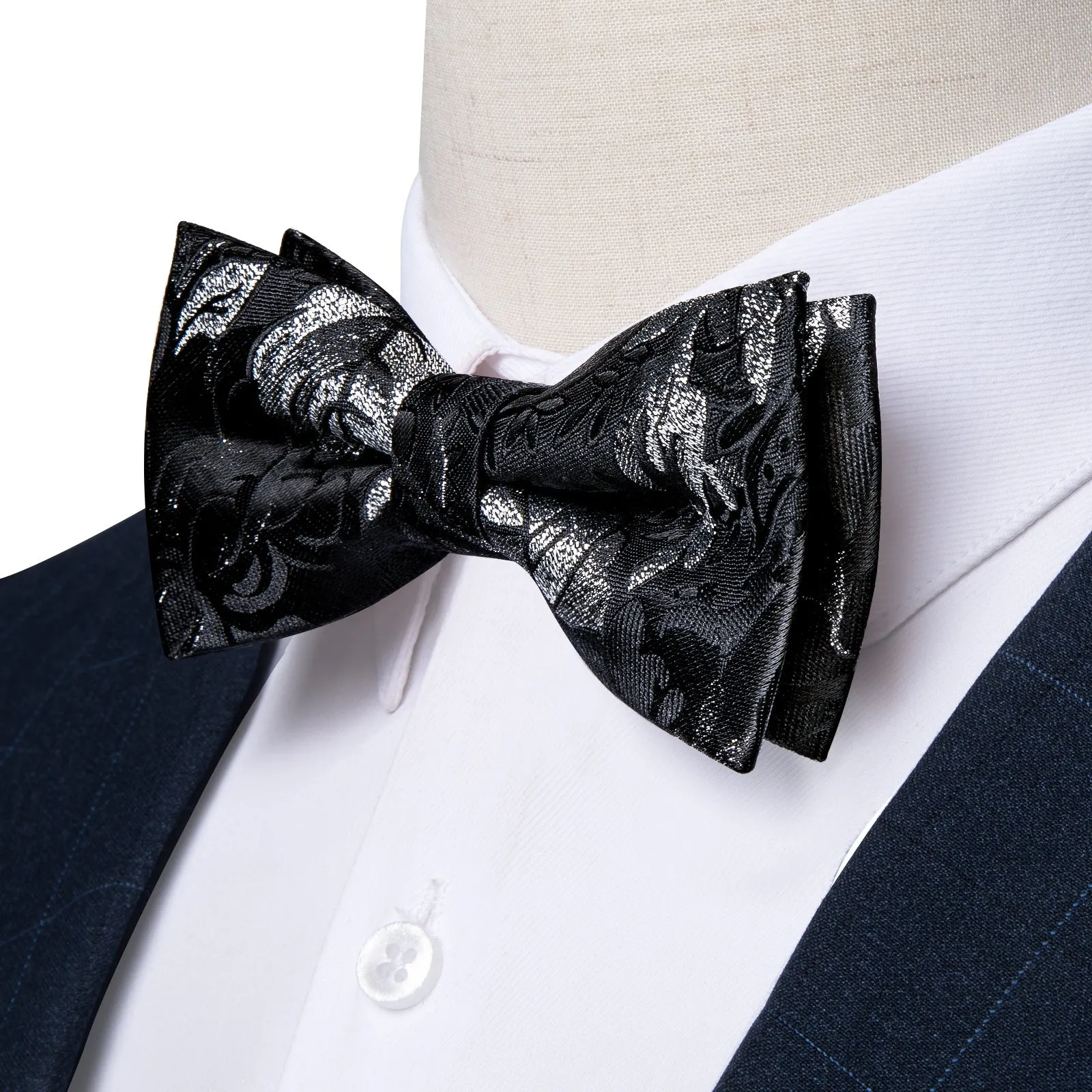 Ties2you Men's Grey Floral Pre-tied Bow Tie Wedding Silk Jacquard Hanky Cufflinks Bowtie Set sold by Ties2You product image thumbnail 2