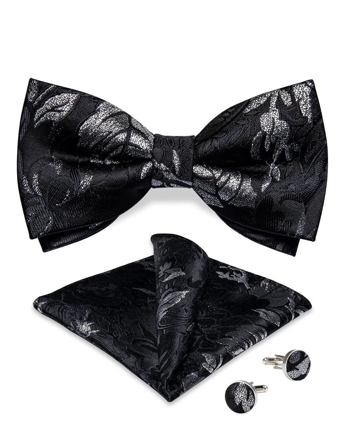Ties2you Men's Grey Floral Pre-tied Bow Tie Wedding Silk Jacquard Hanky Cufflinks Bowtie Set sold by Ties2You product image thumbnail 3