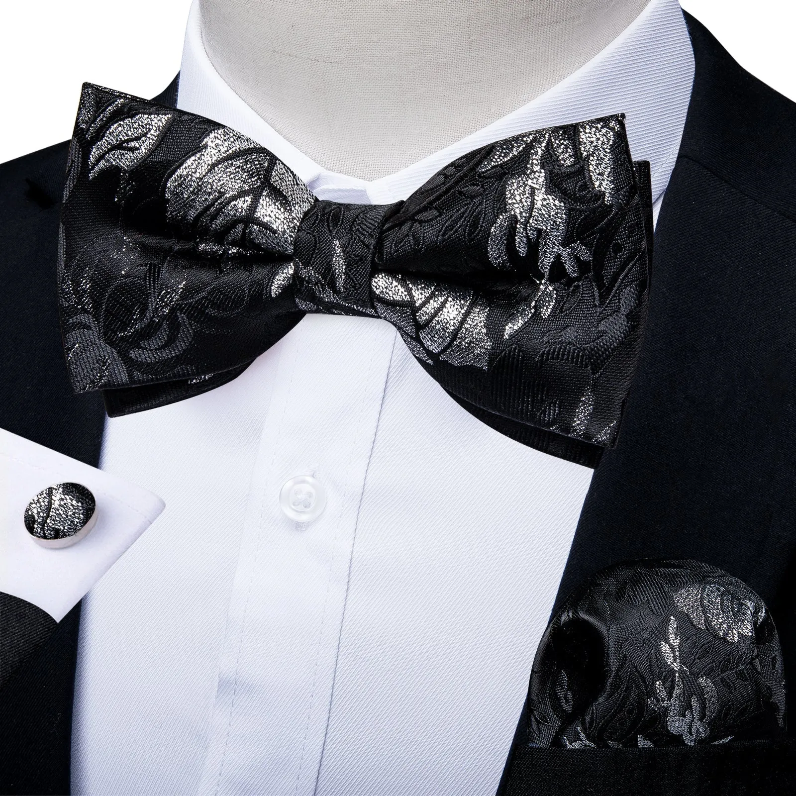 Ties2you Men's Grey Floral Pre-tied Bow Tie Wedding Silk Jacquard Hanky Cufflinks Bowtie Set sold by Ties2You