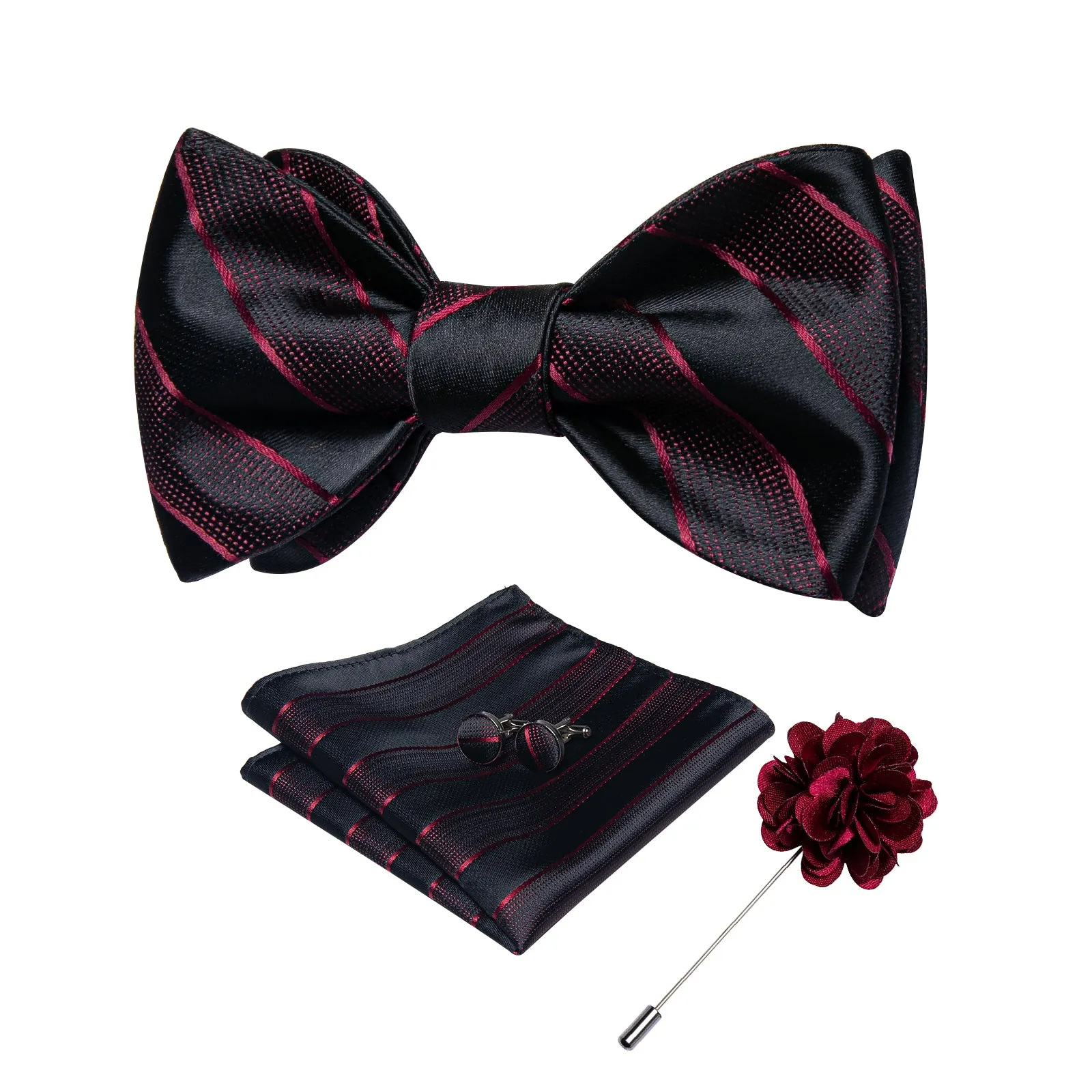 Ties2you Mens Red Black Striped Bow Tie Self-tie Business Hanky Cufflinks Bowtie Set with Lapel Pin sold by Ties2You