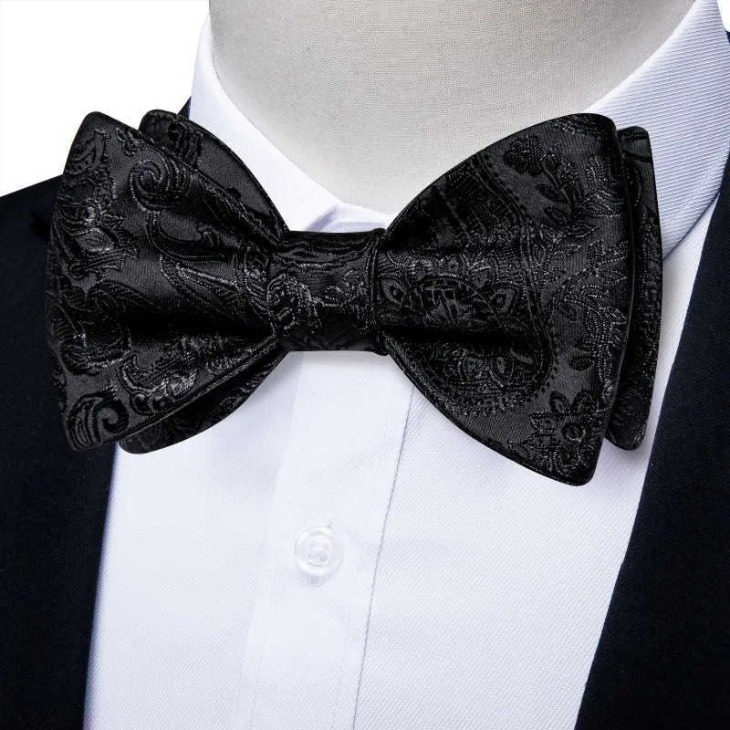 Ties2you Black Paisley Tuxedo Bow Tie Self-tie Formal Bowtie Pocket Square Cufflinks Set for Men made by Ties2You