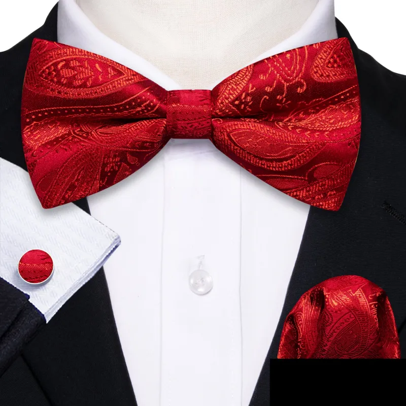 Ties2you Red Paisley Pre-tied Bow Tie Wedding Tuxedo Bowtie Pocket Square Cufflinks Set for Men made by Ties2You