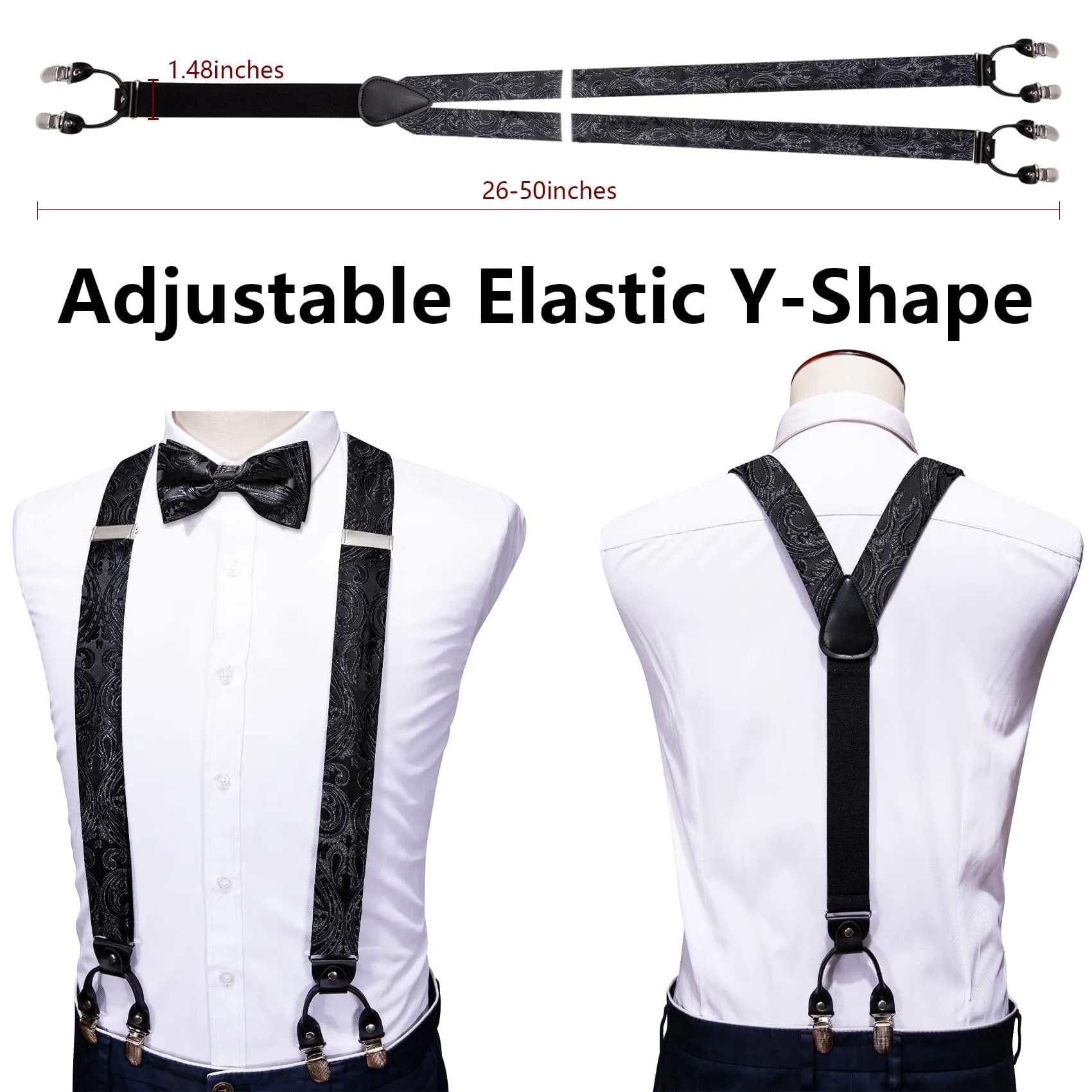 Ties2you Suspenders for Men Coal black Paisley Y Back Brace Clip-on Suspender Bow Tie Set sold by Ties2You product image thumbnail 5