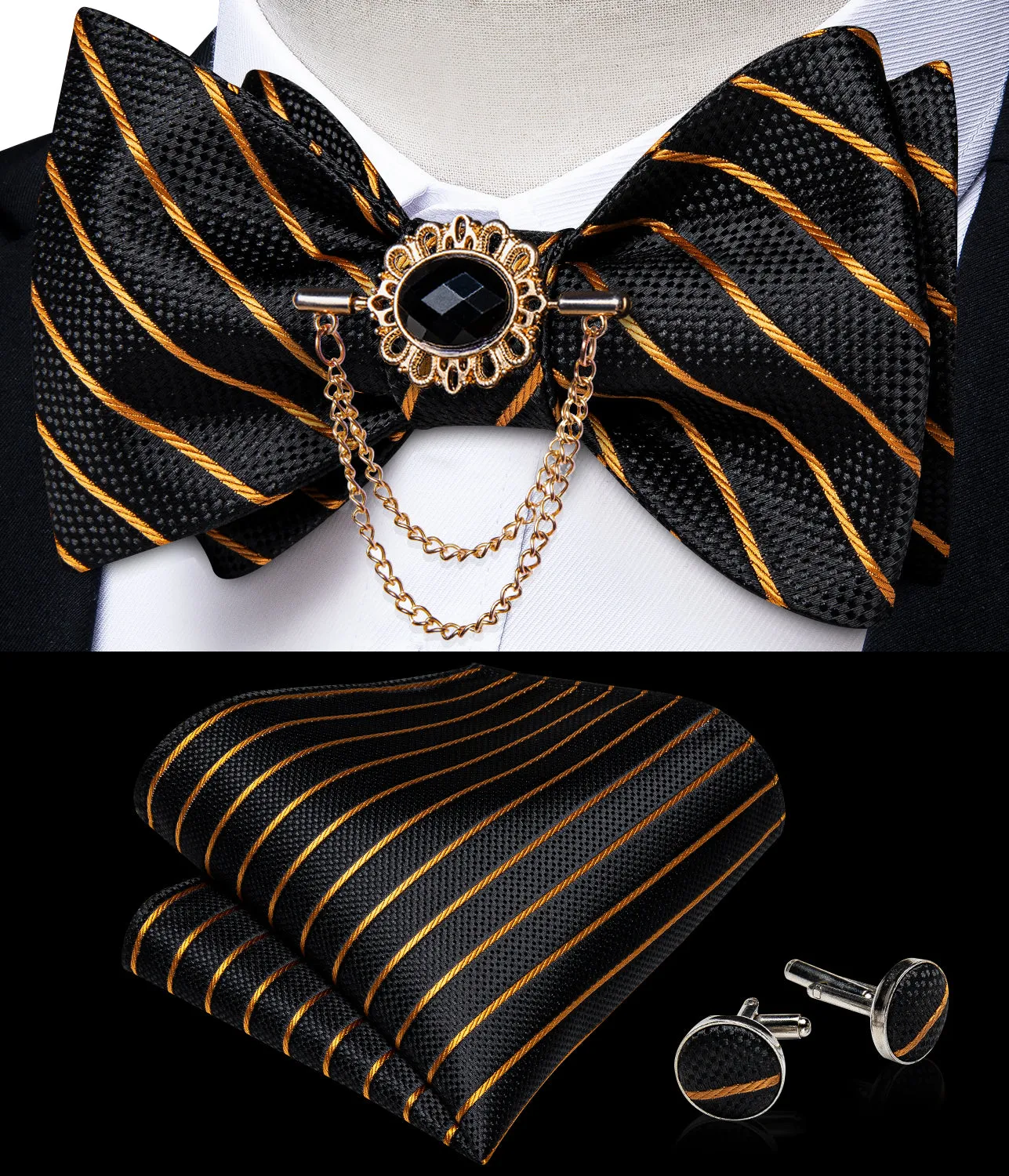 Ties2you Golden Striped Self-tie Bow Tie Black Business Bowtie Hanky Cufflinks Set with Lapel Pin for Men sold by Ties2You product image thumbnail 2
