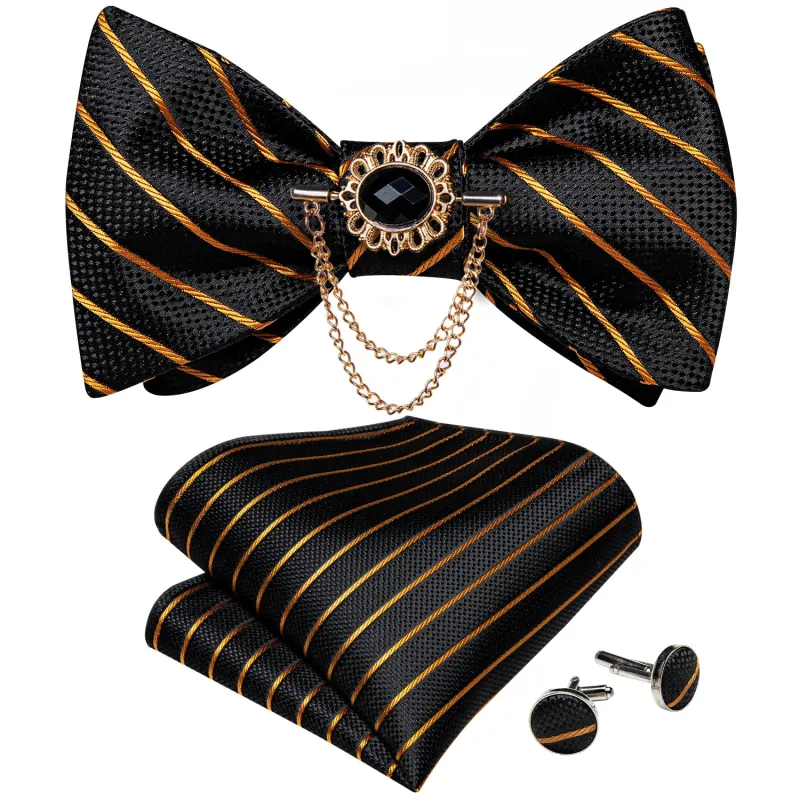 Ties2you Golden Striped Self-tie Bow Tie Black Business Bowtie Hanky Cufflinks Set with Lapel Pin for Men made by Ties2You