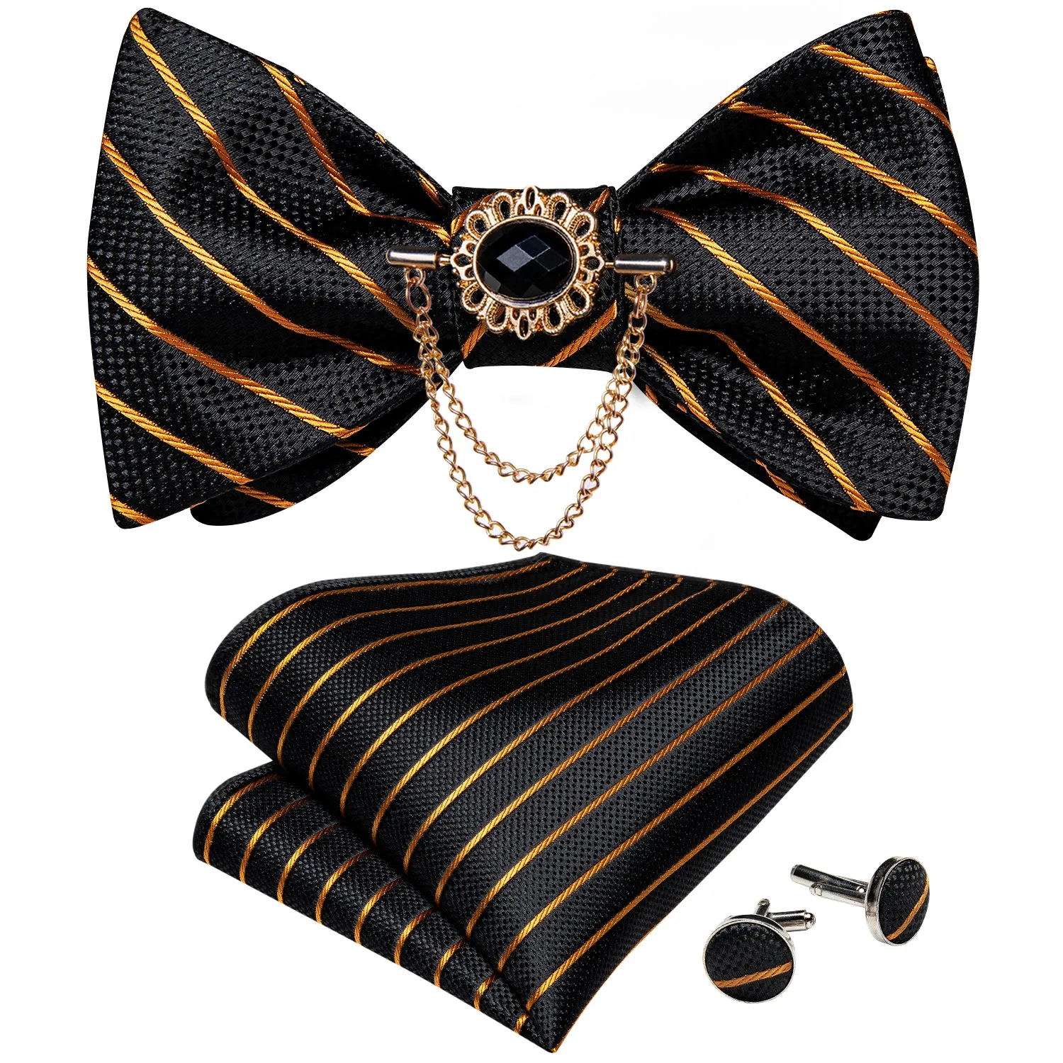 Ties2you Golden Striped Self-tie Bow Tie Black Business Bowtie Hanky Cufflinks Set with Lapel Pin for Men sold by Ties2You
