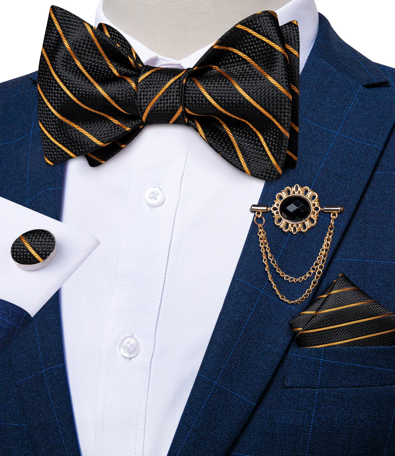 Ties2you Golden Striped Self-tie Bow Tie Black Business Bowtie Hanky Cufflinks Set with Lapel Pin for Men sold by Ties2You product image thumbnail 3