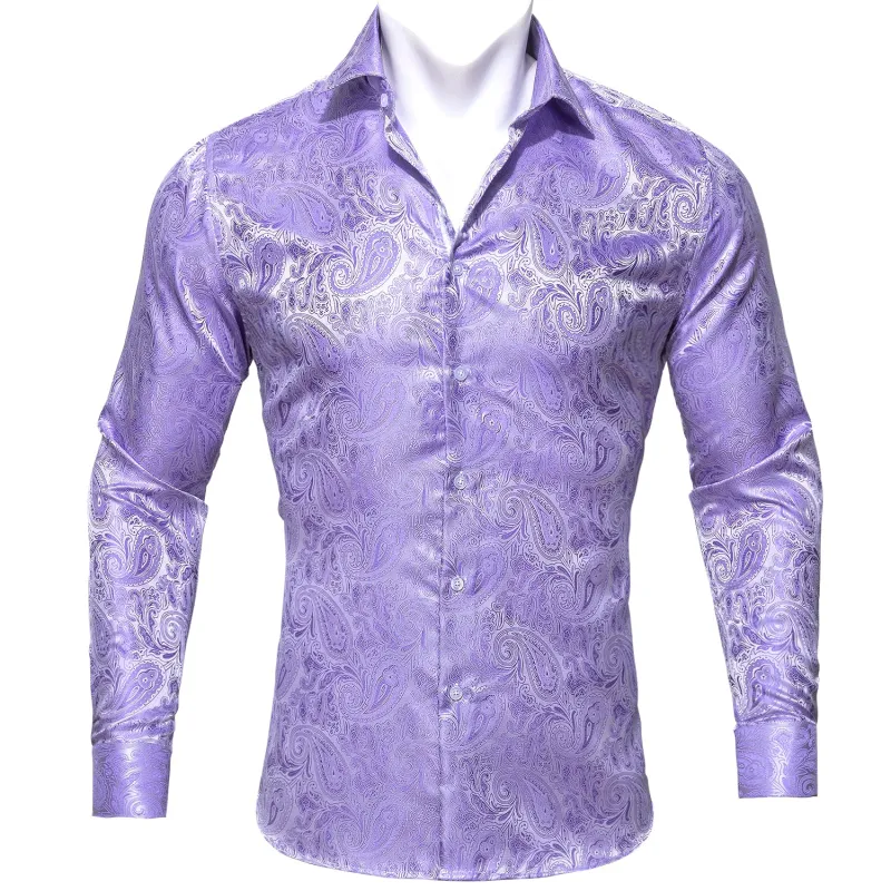 Silver Purple Paisley Style Silk Men's Long Sleeve Shirt made by Ties2You