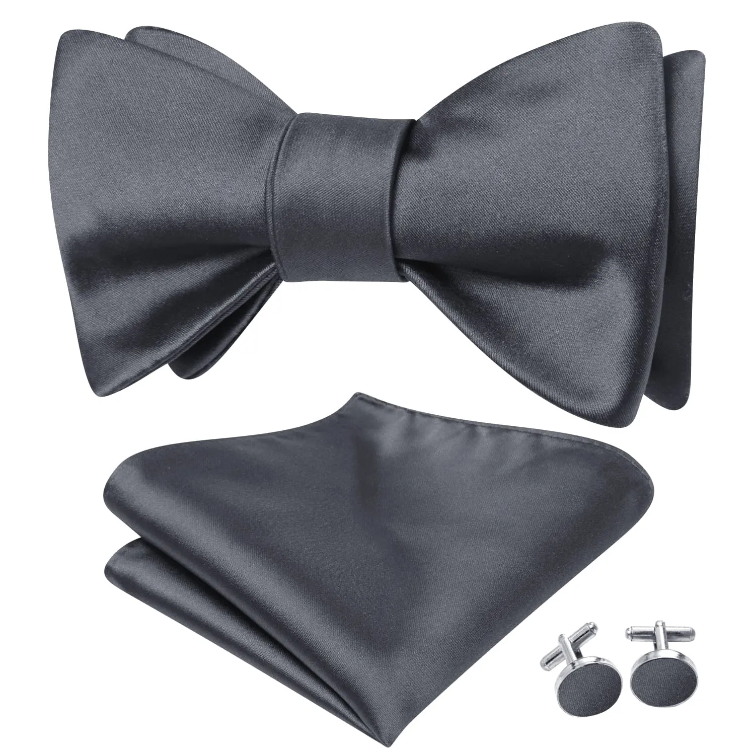 Ties2you Mens Charcoal Grey Tuxedo Bow Tie Self-tie Solid Silk Bowtie Pocket Square Cufflinks Set sold by Ties2You product image thumbnail 2