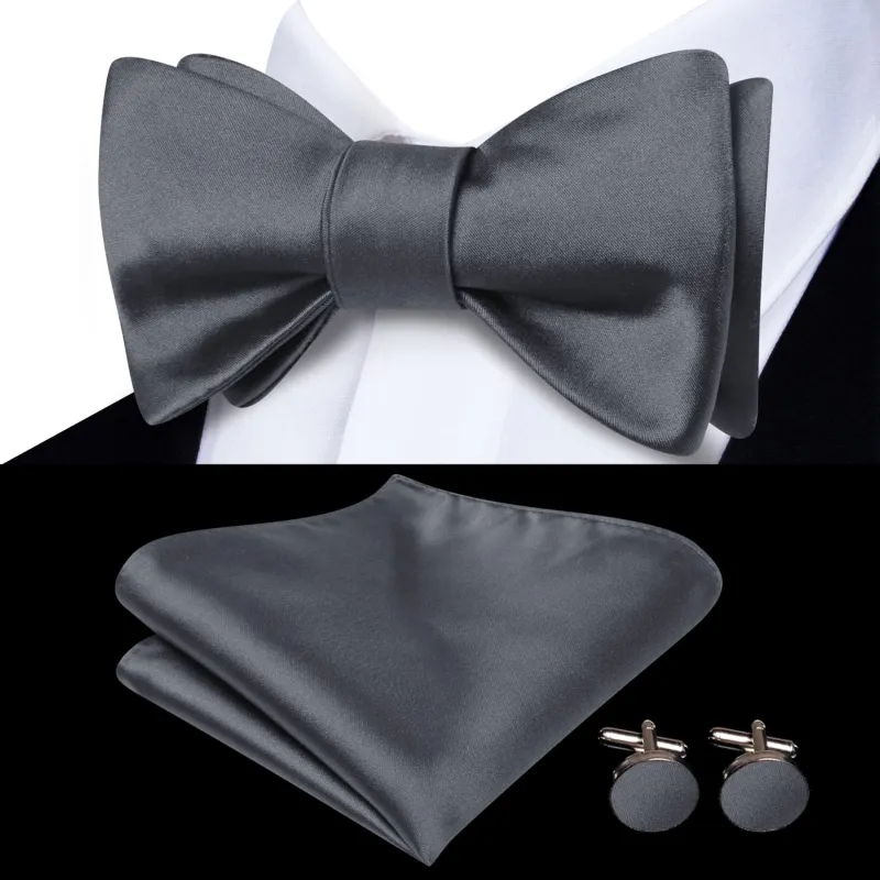 Ties2you Mens Charcoal Grey Tuxedo Bow Tie Self-tie Solid Silk Bowtie Pocket Square Cufflinks Set made by Ties2You
