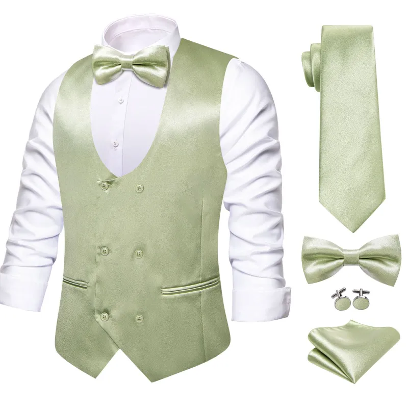 Ties2you Mens Laurel Green Wedding Vest Double Breasted Satin Silk Waistcoat Tie Bowtie Hanky Cufflinks Set made by Ties2You